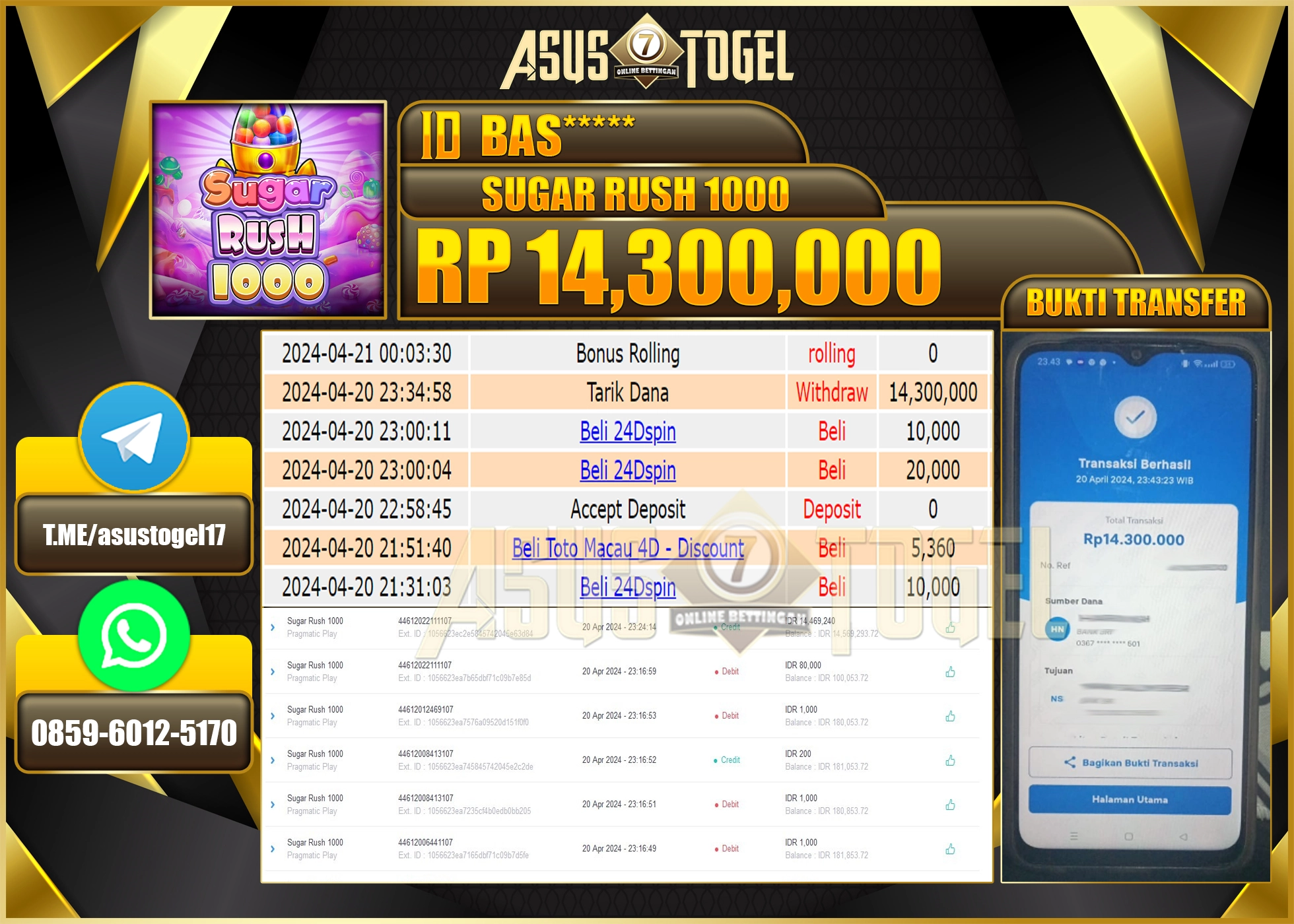 ASUSTOGEL KEMENANGAN BESAR GAME SUGAR RUSH 1000  14.300.000 BERHASIL TERBAYAR LUNAS