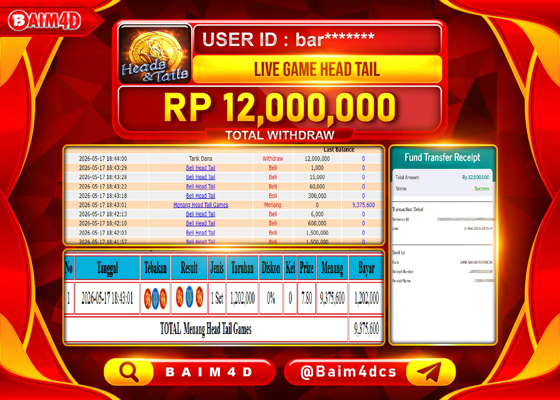 BAIM4D JACKPOT LIVE GAME HEAD TAIL Rp.12,000,000 - LUNAS