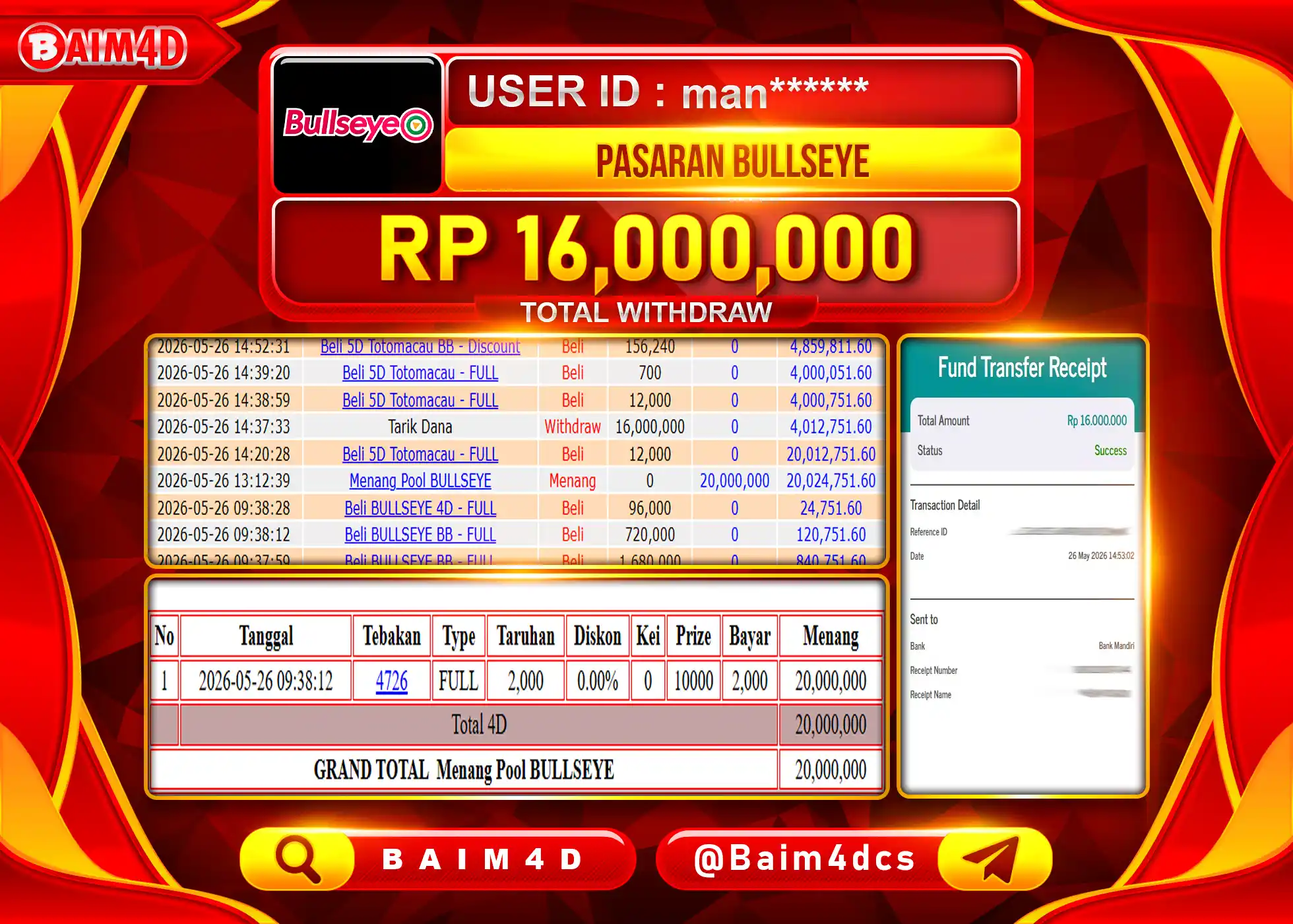 BAIM4D JACKPOT TOGEL PASARAN BULLSEYE Rp.16,000,000 - LUNAS