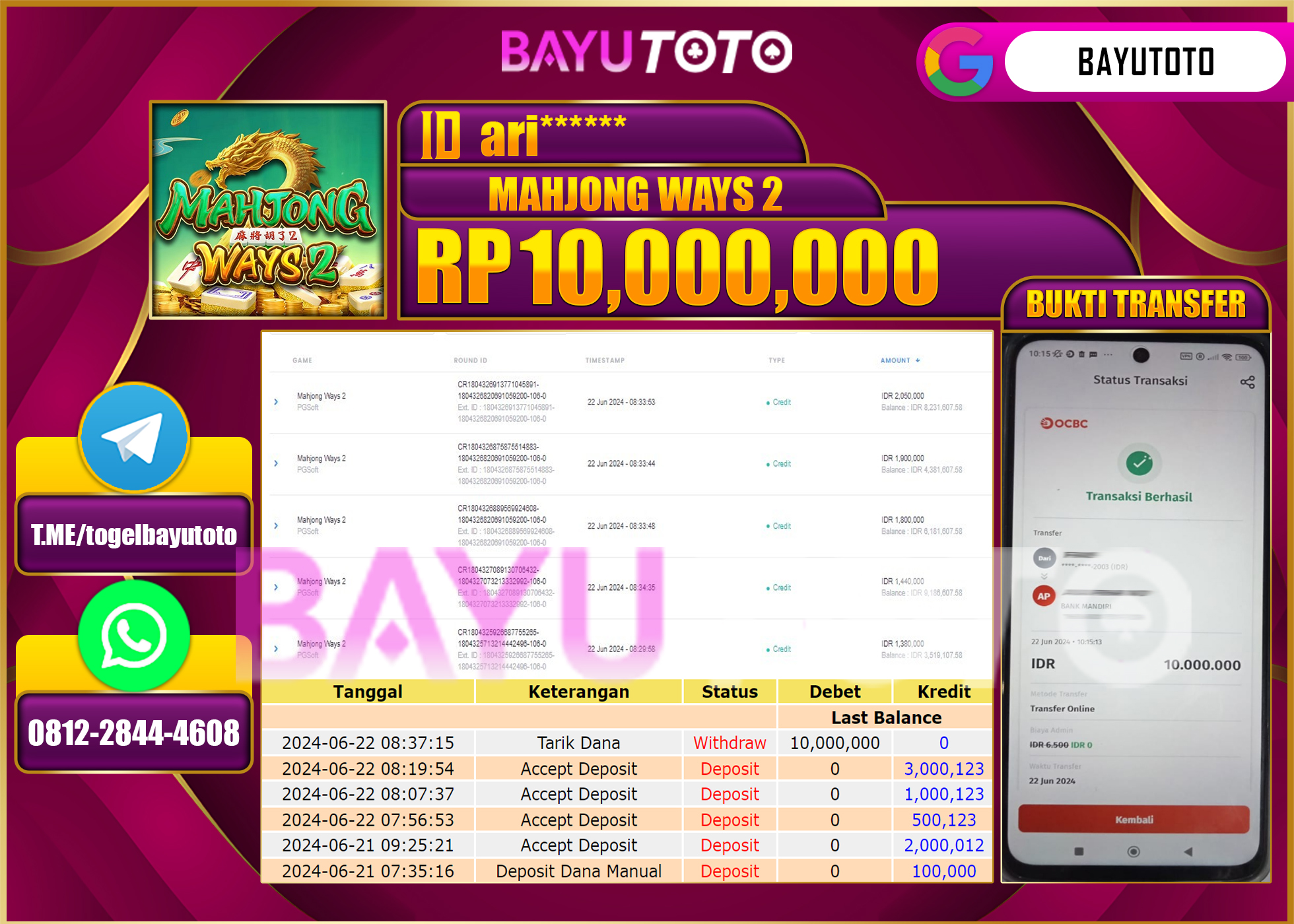 BAYUTOTO JACKPOT SLOT GAMES MAHJONG WAYS 2 Rp.10.000.00 LUNAS