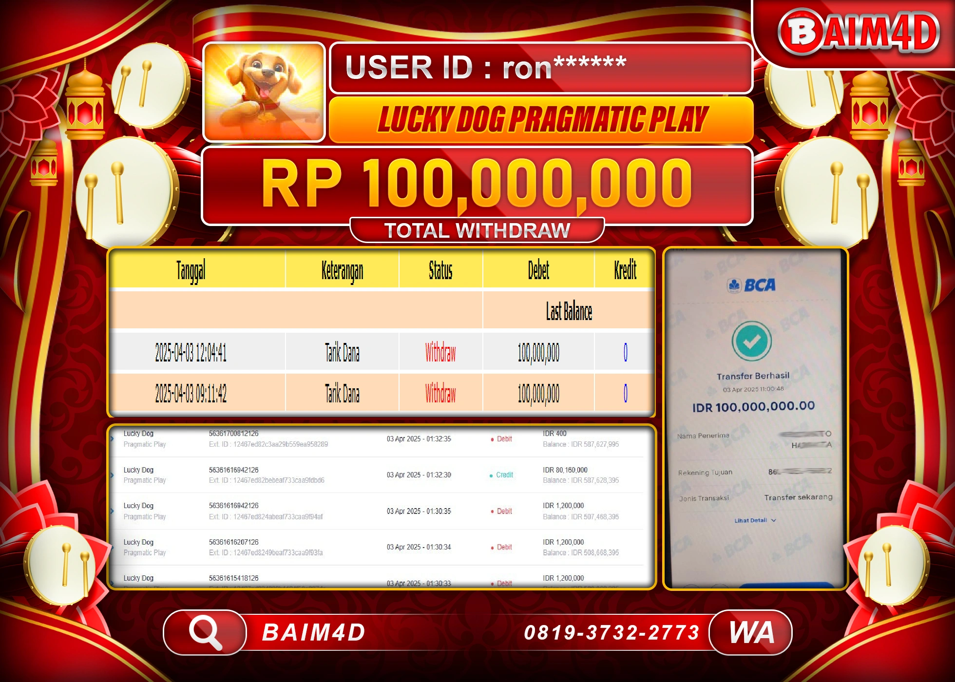 BAIM4D  MENANG LUCKY DOG PRAGMATIC PLAY Rp.100.000,000.- LUNAS
