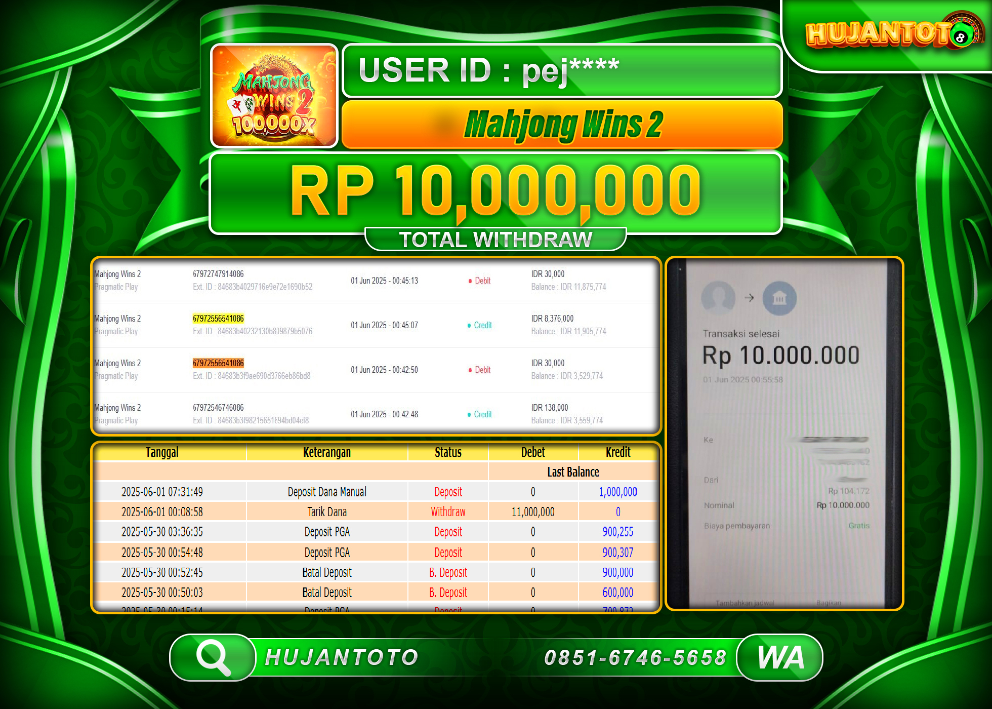   HUJANTOTO - BUKTI JACKPOT MENANG SLOT MAHJONG WINS 2 Rp.10,000,000 - TERBAYAR LUNAS