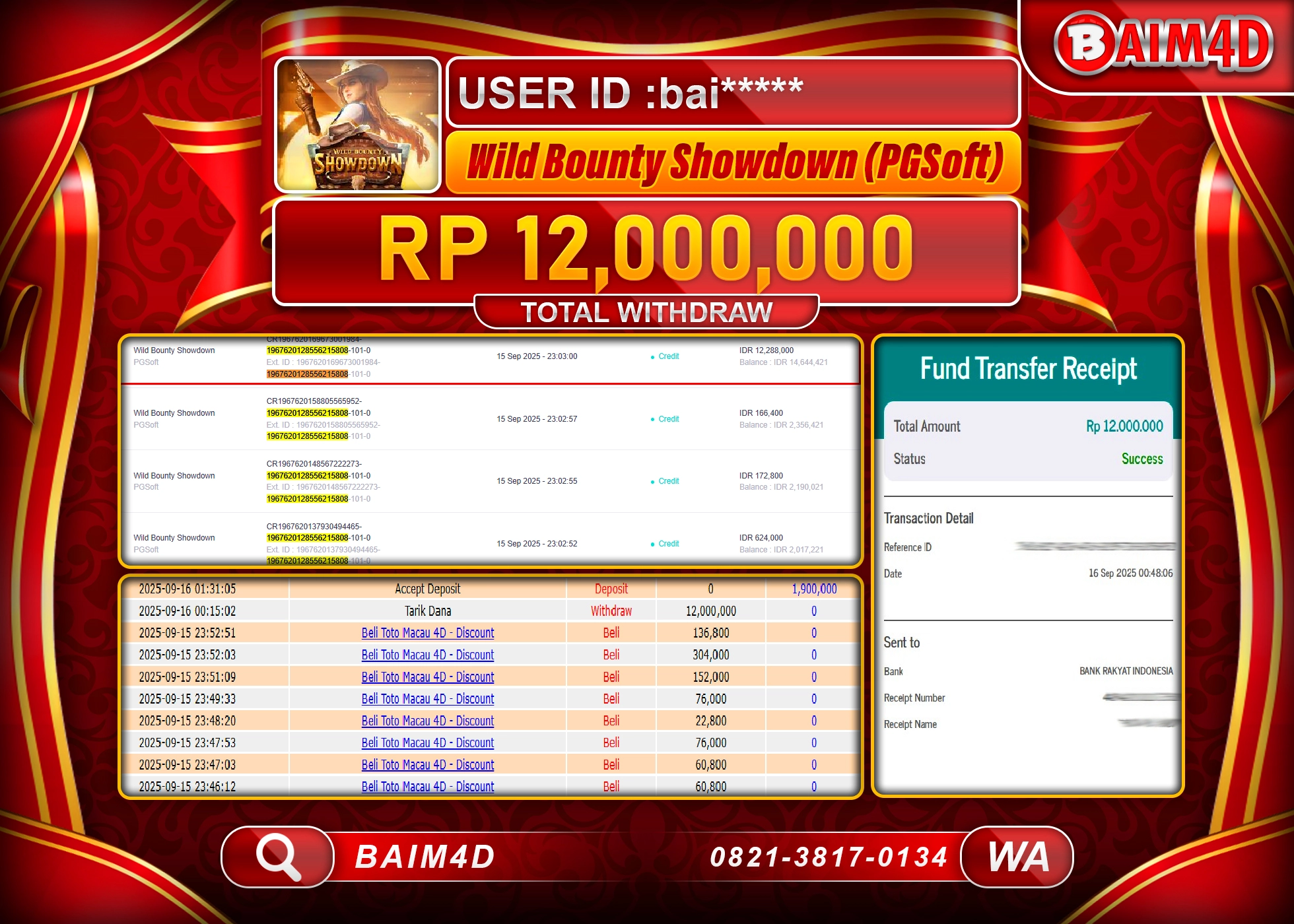 BAIM4D JACKPOT SLOT WILD BOUNTY SHOWDOWN Rp.12,000,000.- LUNAS