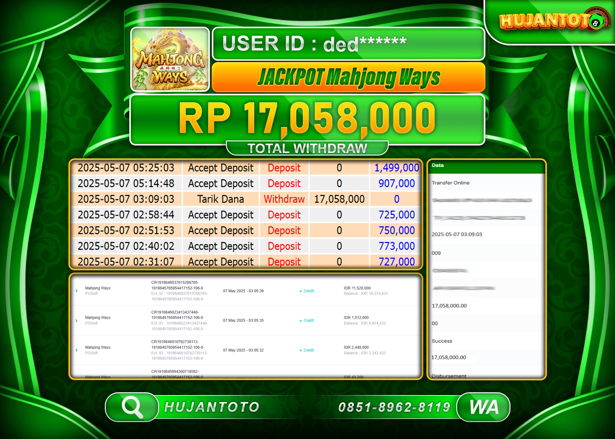 HUJANTOTO - BUKTI JACKPOT MENANG SLOT MAHJONG WAYS Rp,17,058,000 - TERBAYAR LUNAS