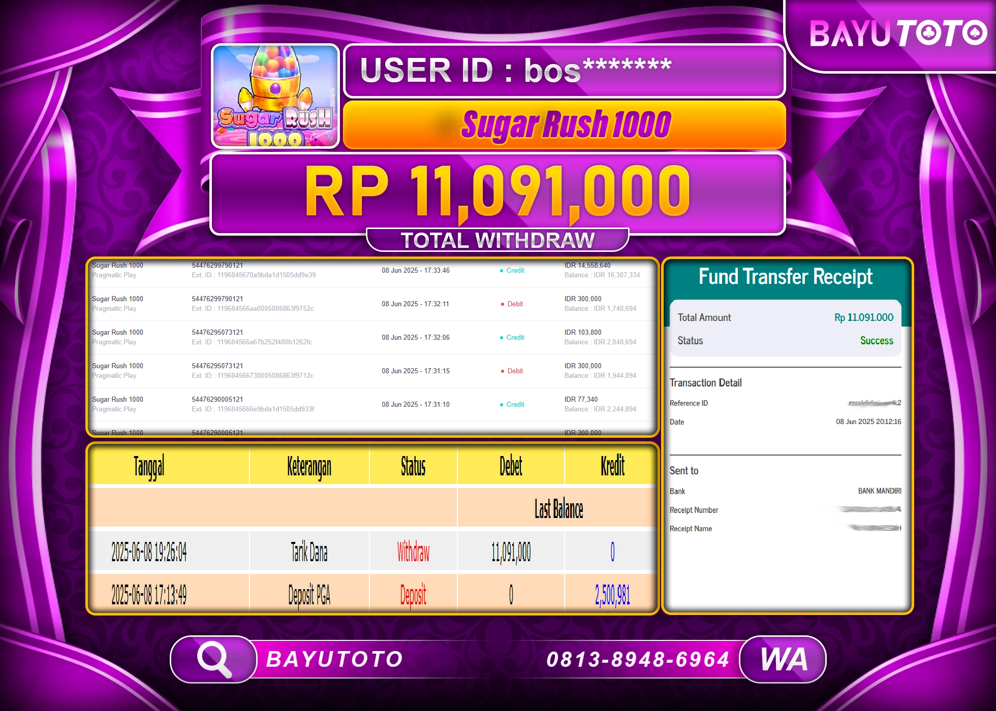BAYUTOTO JACKPOT DI SLOT SUGAR RUSH 1000 Rp.11.091.000 LUNAS