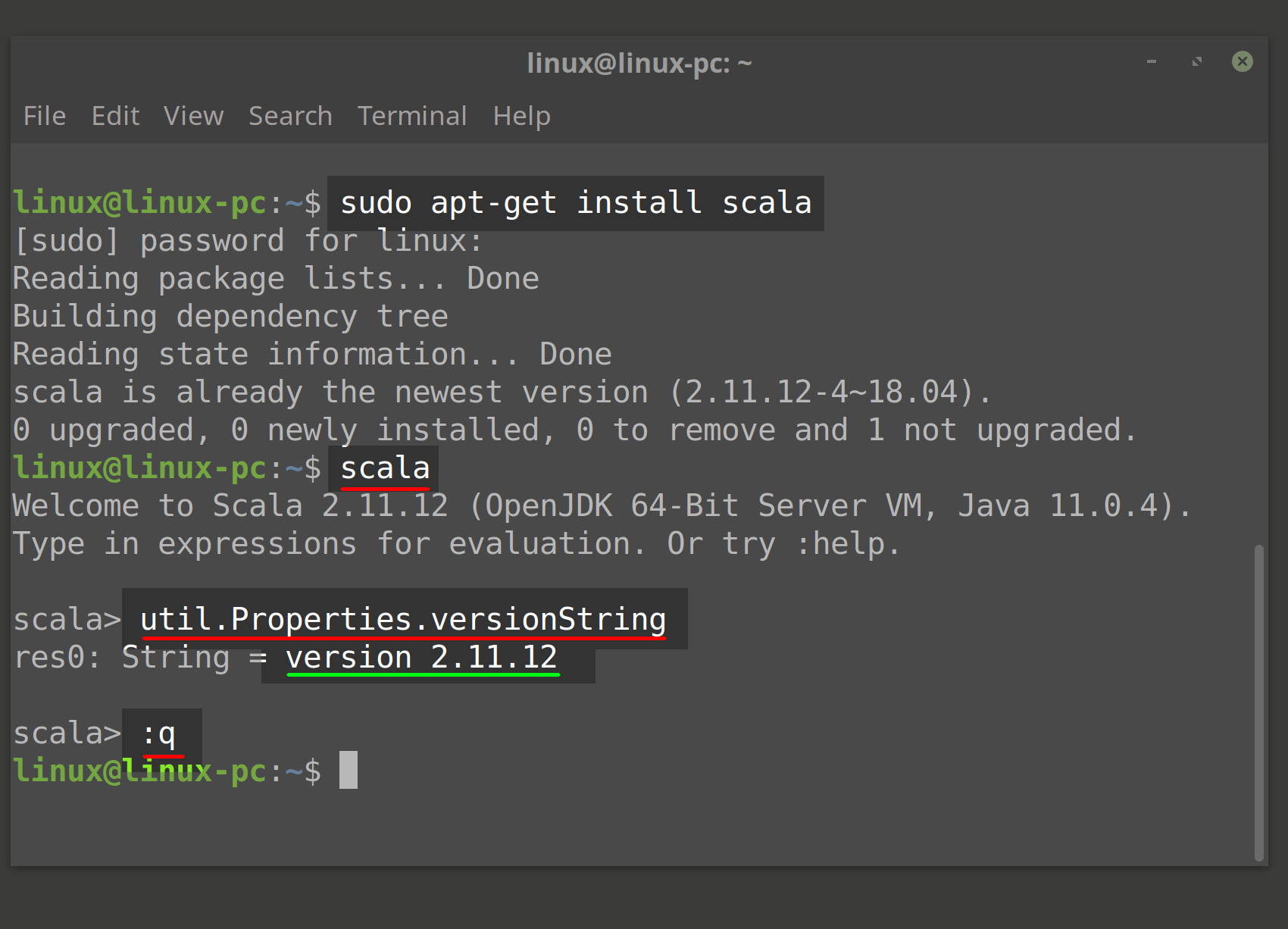 Screenshot of Scala interface in a terminal window getting version