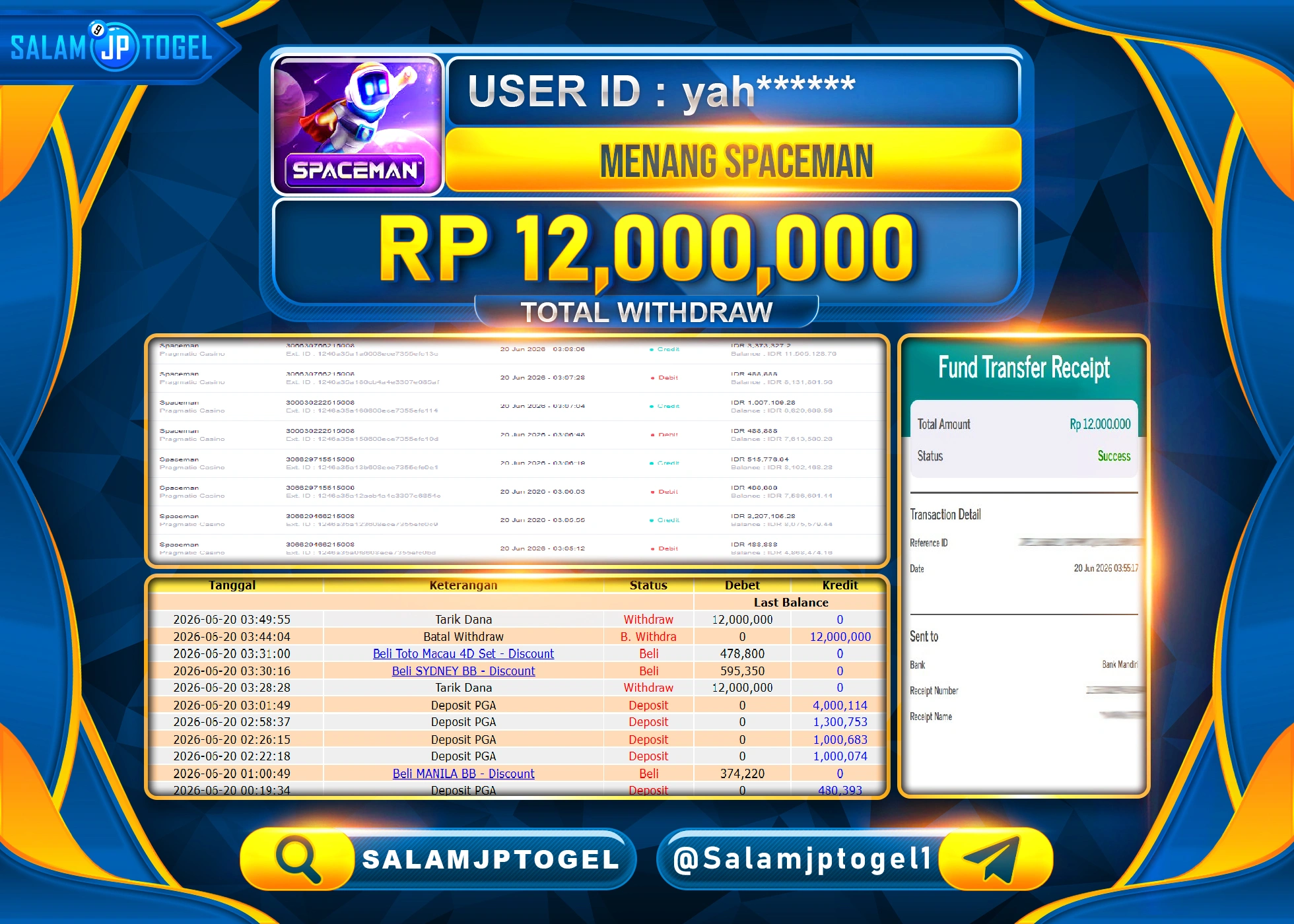 SALAMJPTOGEL JACKPOT MENANG SLOT SPACEMAN PRAGMATIC GAMES Rp.12,000,000 - LUNAS