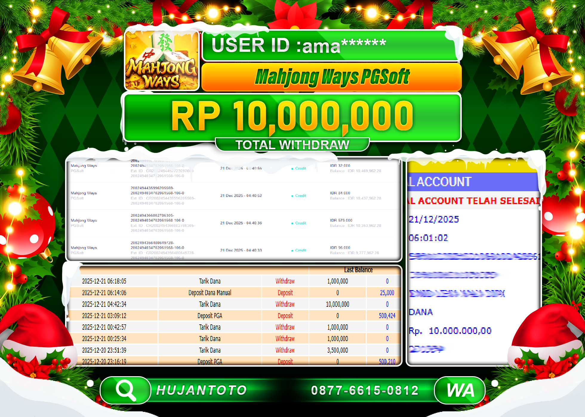 HUJANTOTO - BUKTI JACKPOT MENANG SLOT MAHJONG WAYS  PG SOFT Rp.10,000,000 - TERBAYAR LUNAS