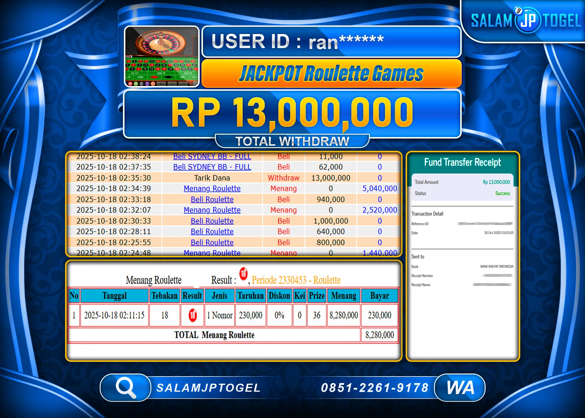 SALAMJPTOGEL MENANG JACKPOT ROULETTE GAME LIVE GAMES Rp.13,000,000  - LUNAS