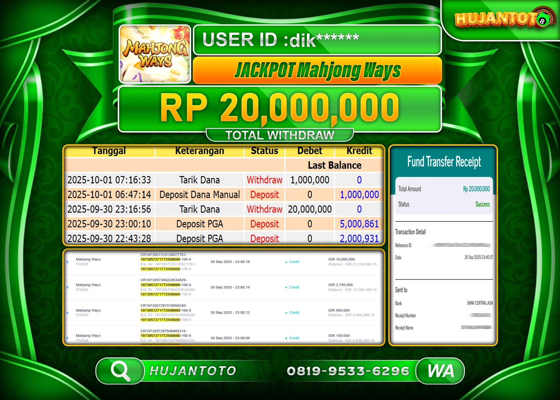 HUJANTOTO - BUKTI JACKPOT MENANG SLOT MAHJONG WAYS Rp.20,000,000  - TERBAYAR LUNAS