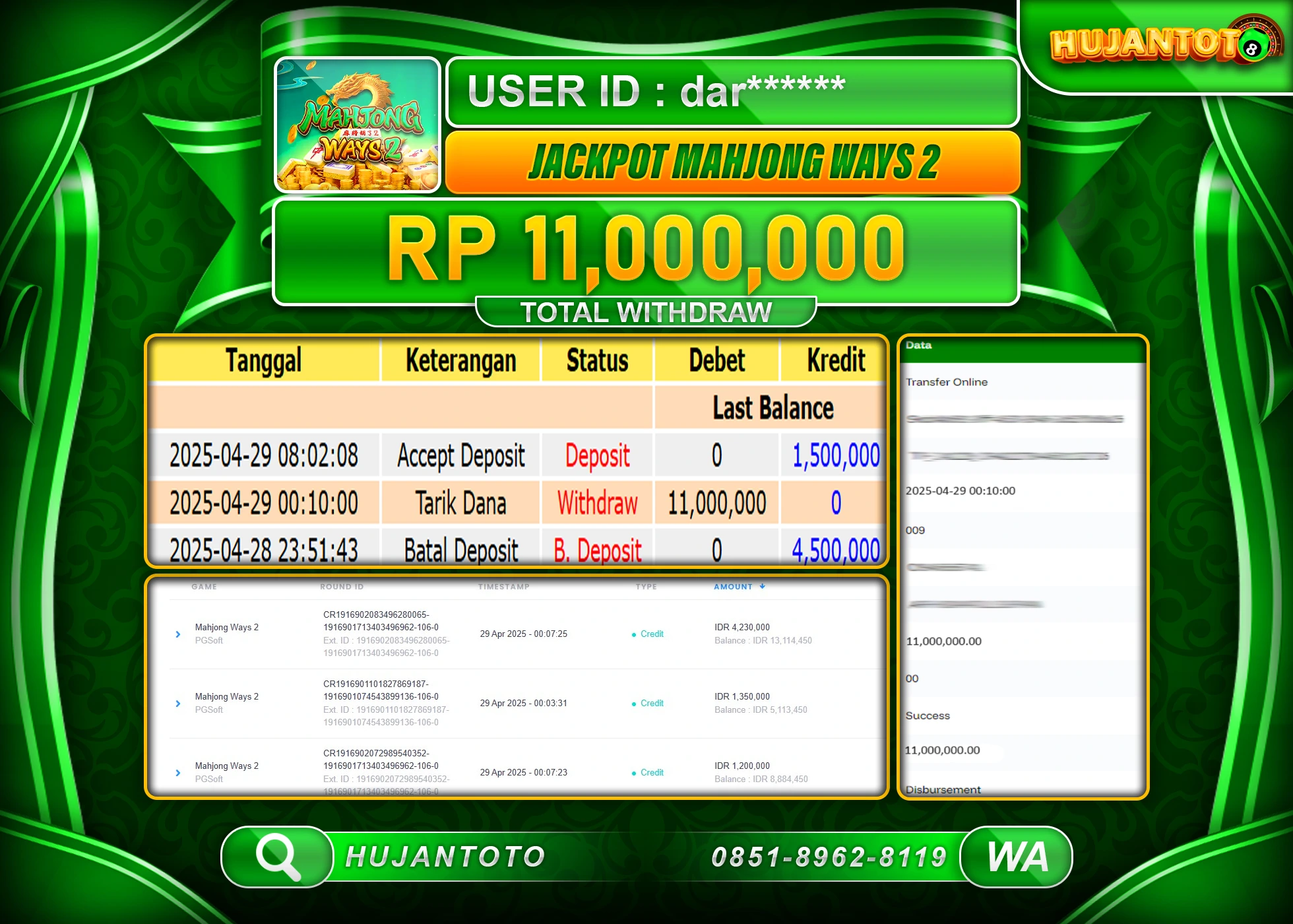 HUJANTOTO - BUKTI JACKPOT MENANG MAHJONG WAYS 2 Rp,11,000,000 - TERBAYAR LUNAS