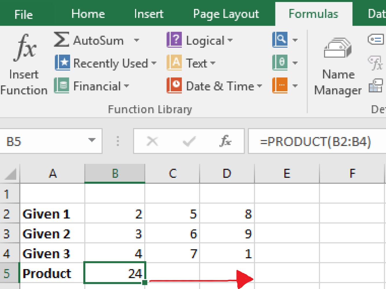 Screenshot of an Excel sample dragging a multiply formula in rows