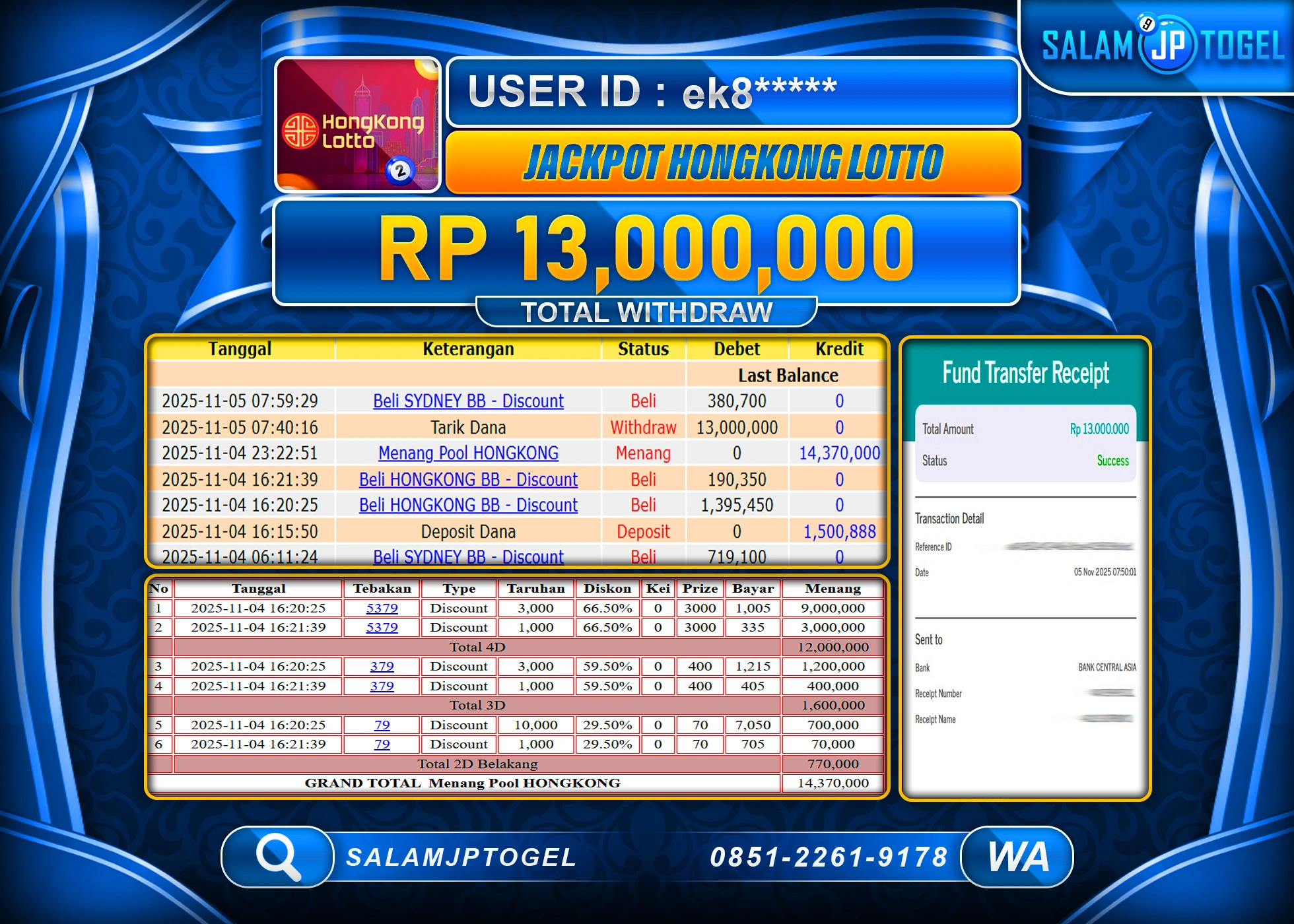 SALAMJPTOGEL JACKPOT TOGEL HONGKONG LOTTO Rp.13,000,000  - LUNAS