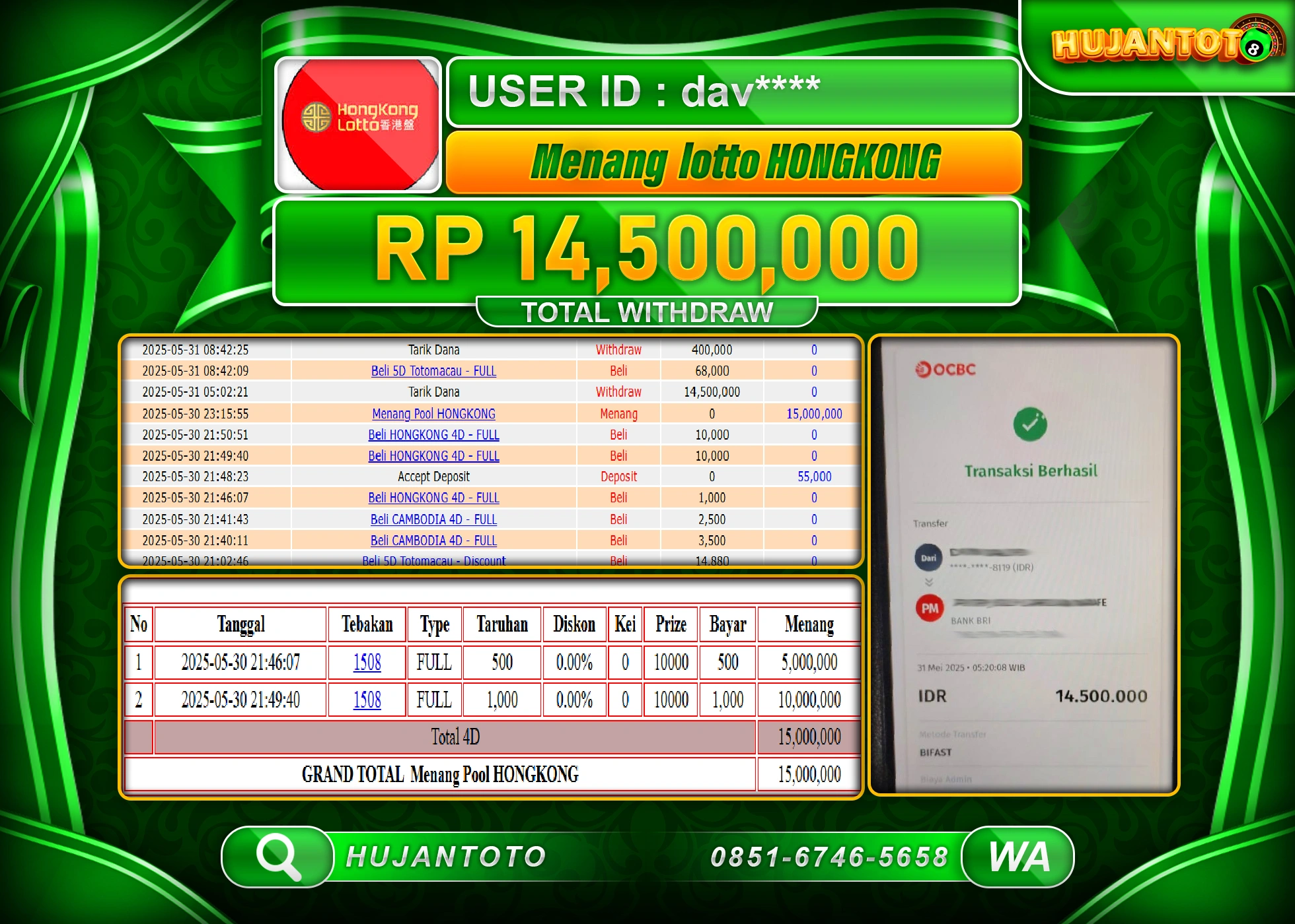  HUJANTOTO - BUKTI JACKPOT MENANG TOGEL HONGKONG LOTTO Rp.14,500,000 - TERBAYAR LUNAS
