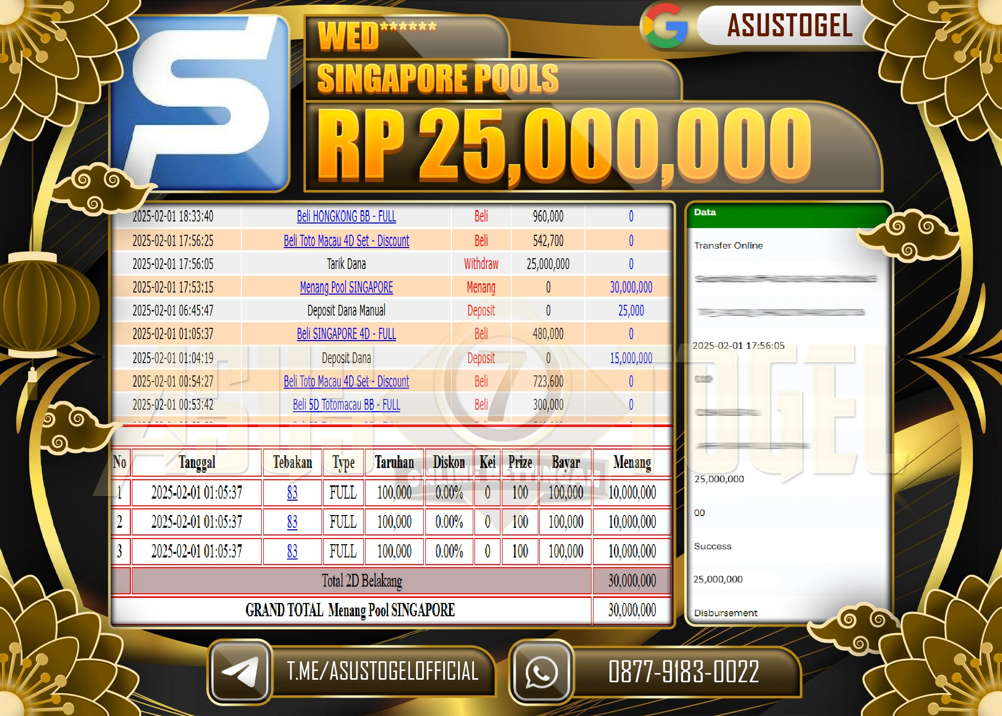 ASUSTOGEL KEMENANGAN DI TOGEL SINGAPORE  SEBESAR 25.000.000 - RUPIAH LUNAS