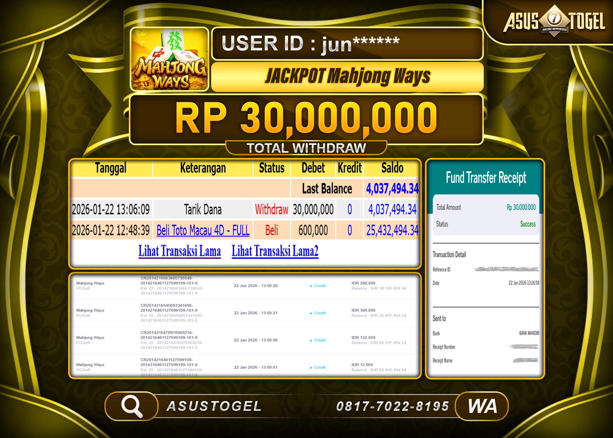 ASUSTOGEL KEMENANGAN DI SLOT MAHJONG WAYS SEBESAR 30,000,000 - RUPIAH LUNAS