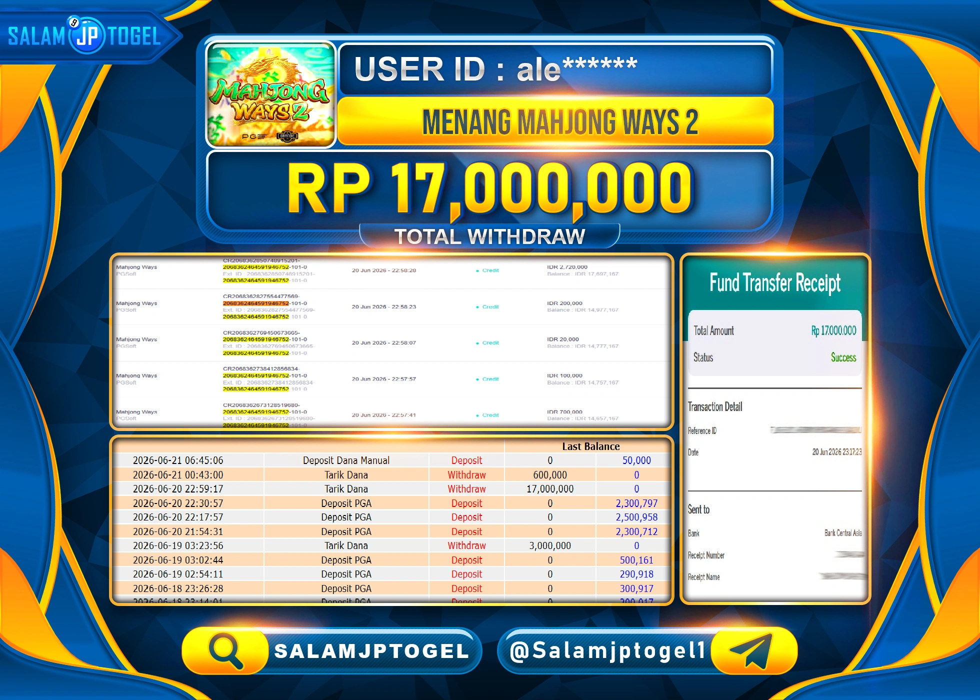 SALAMJPTOGEL JACKPOT MENANG SLOT MAHJONG WAYS 2 PG SOFT Rp.17,000,000 - LUNAS