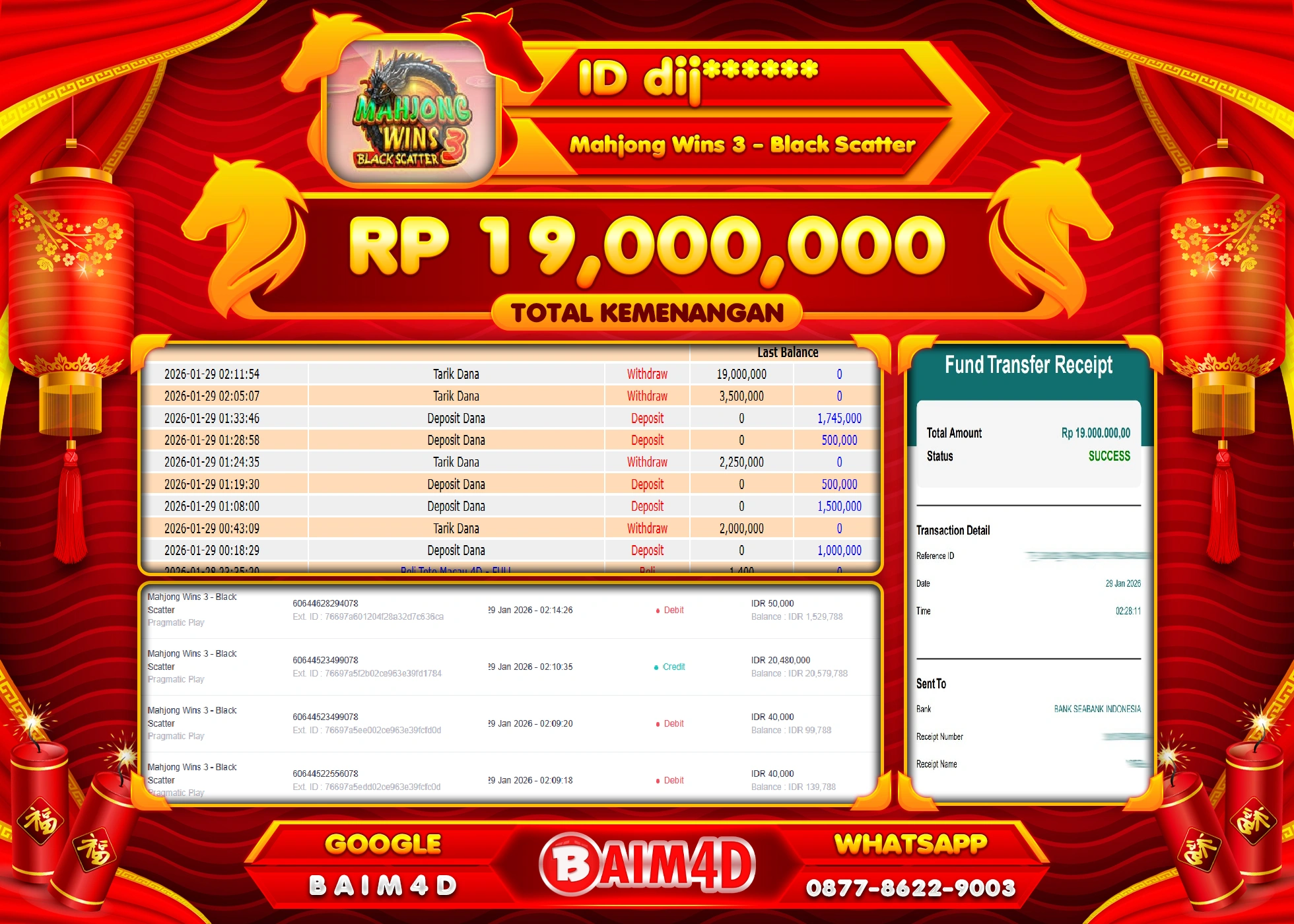 BAIM4D JACKPOT  SLOT MAHYONG WINS 3 BLACK SC  Rp.19,000,000 - LUNAS