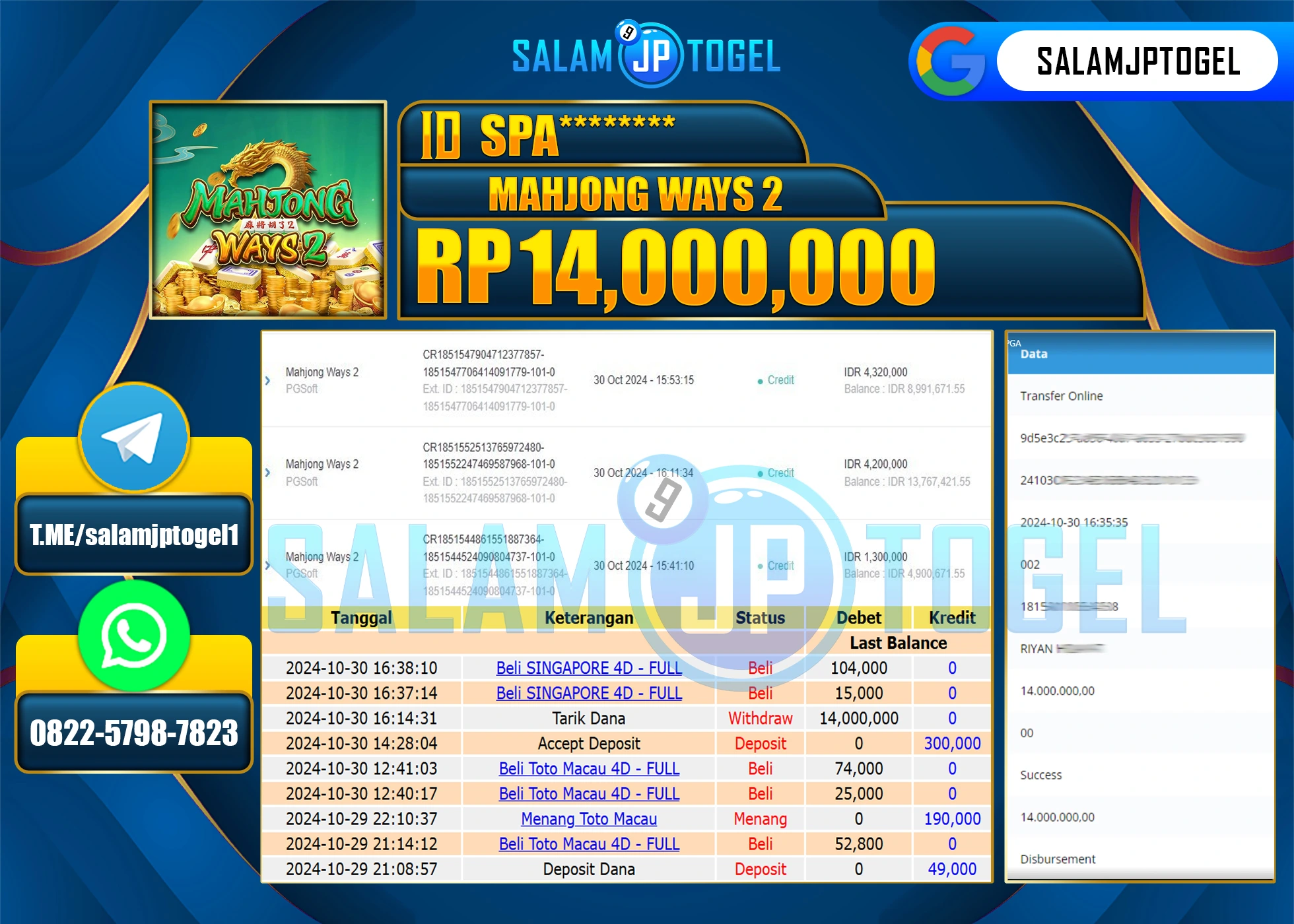 SALAMJPTOGEL MENANG SLOT  MAHJONG WAYS 2 RP. 14,000,000 LUNAS