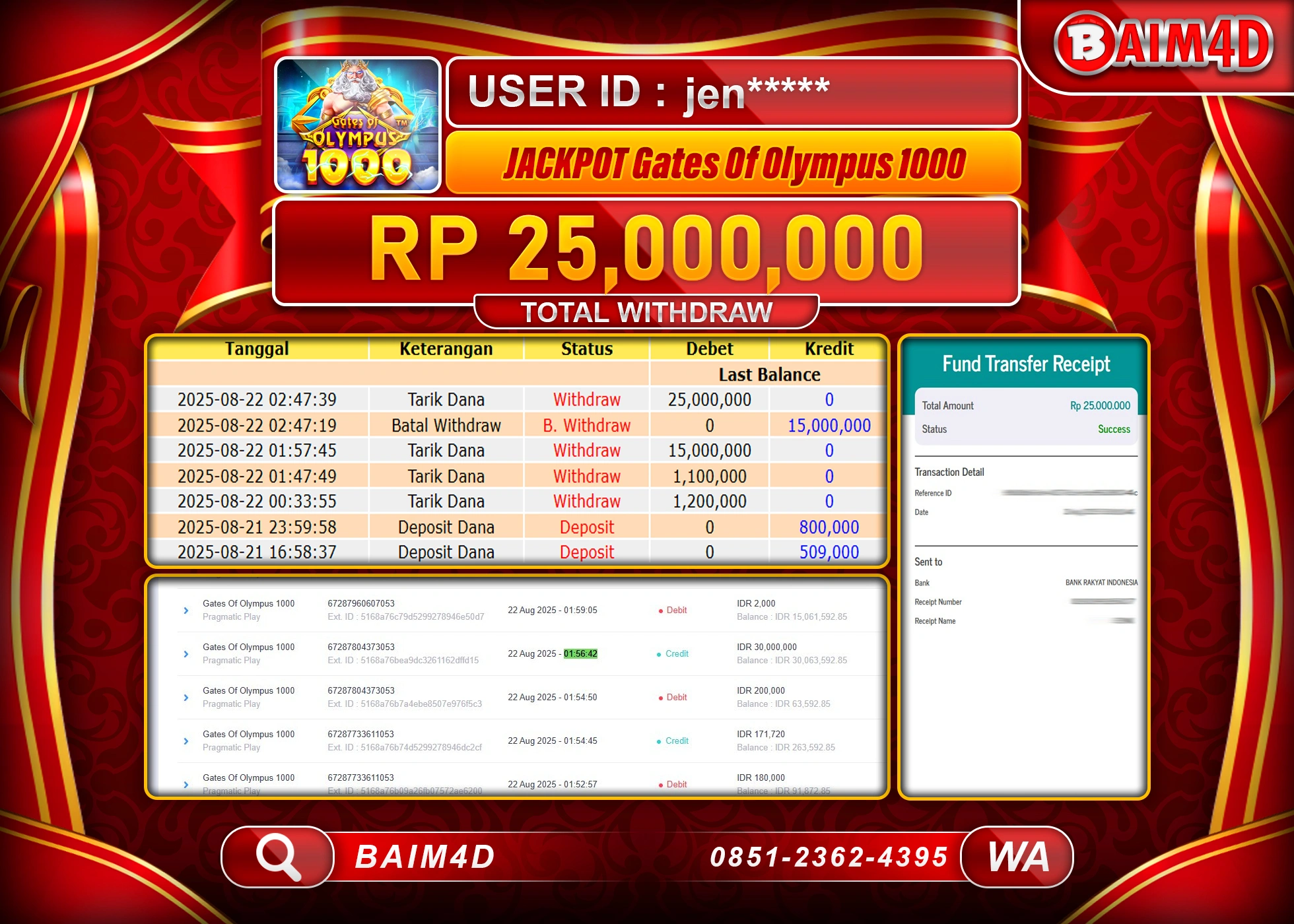 BAIM4D JACKPOT MENANG SLOT GATES OF OLYMPUS 1000 Rp.25.000,000.- LUNAS