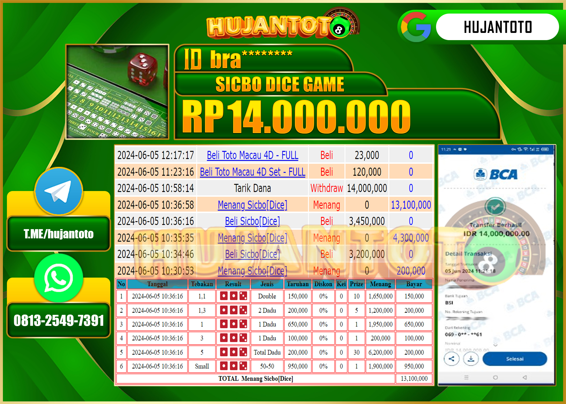 HUJANTOTO MENANG LIVE GAME SICBO 14.000.000 - LUNAS 