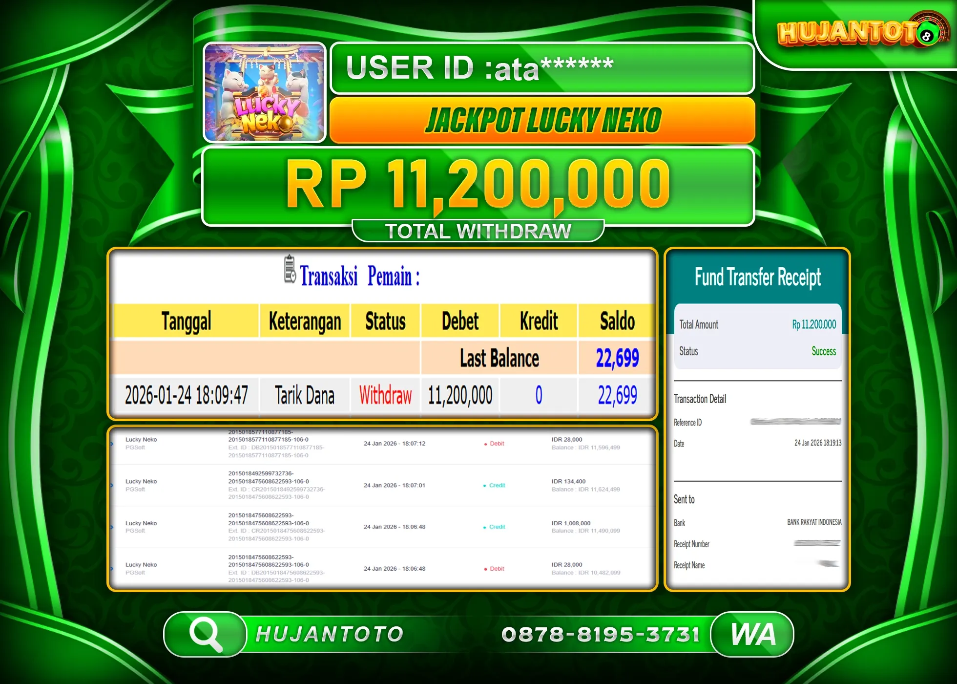 HUJANTOTO - BUKTI JACKPOT MENANG SLOT LUCKY NEKO PGSOFT Rp.11,200,000 - TERBAYAR LUNAS