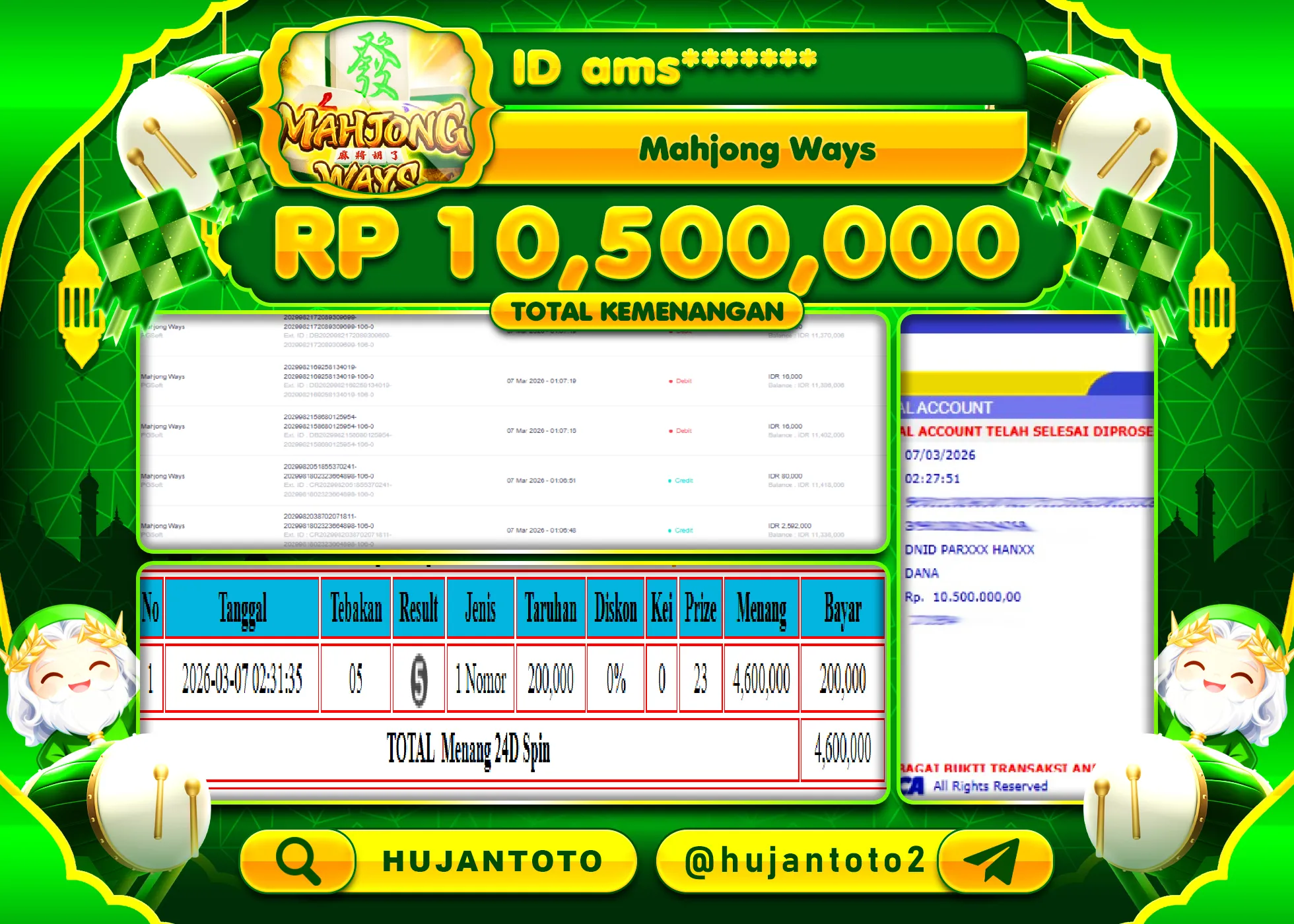 HUJANTOTO - BUKTI JACKPOT MENANG SLOT MAHJONG WAYS Rp.10,500,000 - TERBAYAR LUNAS