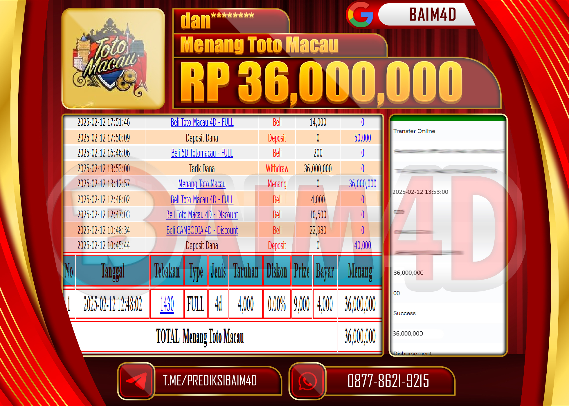 BAIM4D MENANG  MENANG TOTO MACAU 4D  Rp36.000,000.
