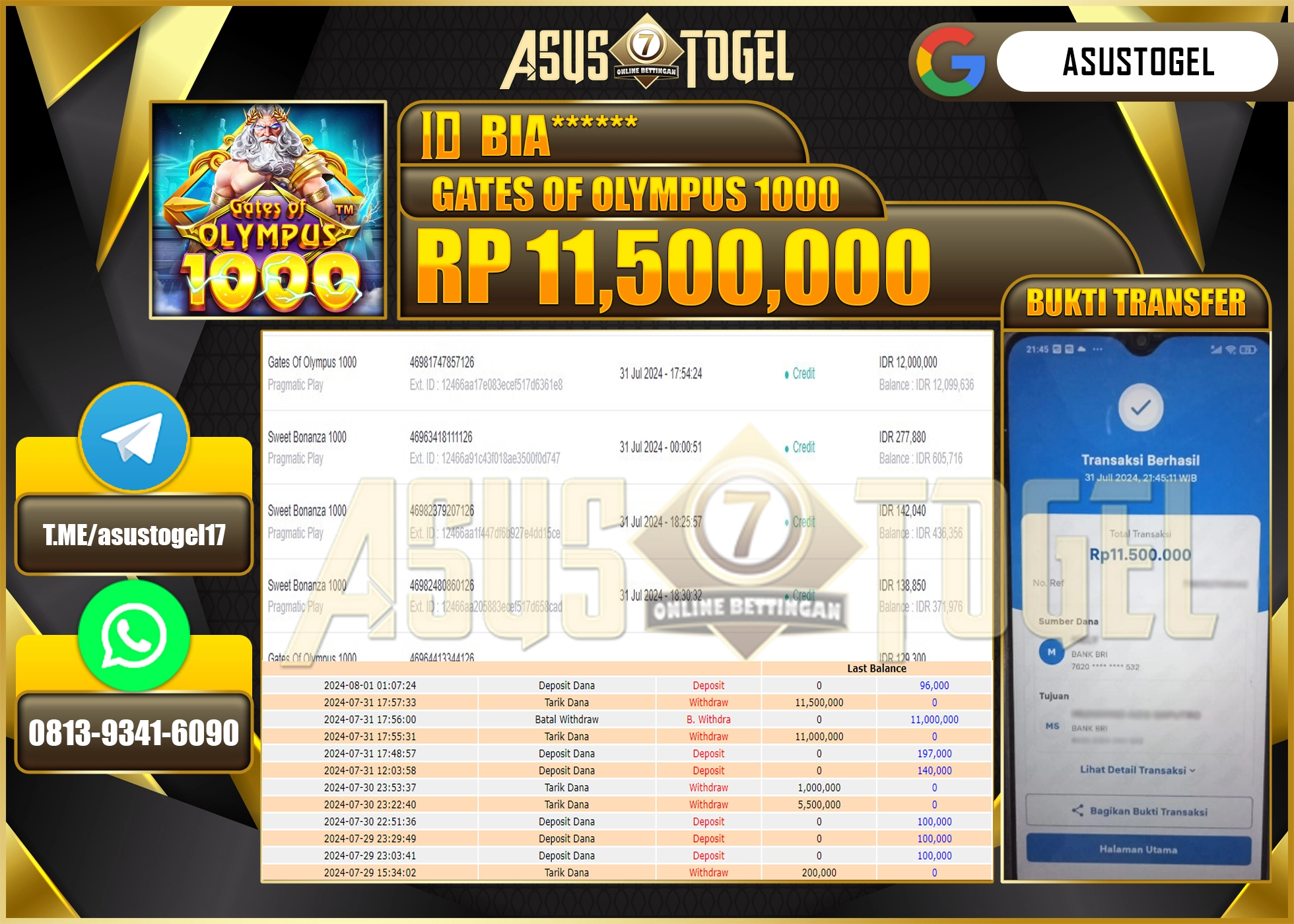 ASUSTOGEL KEMENANGAN DI GATES OF OLYMPUS 1000 SEBESAR 11,500,000- RUPIAH LUNAS