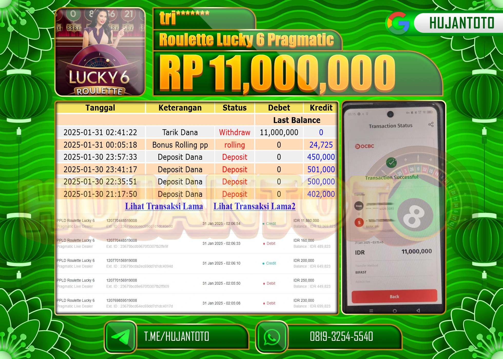 HUJANTOTO - BUKTI JACKPOT MENANG  ROULETTE LUCKY 6 PRAGMATIC Rp,11,000,000 - TERBAYAR LUNAS