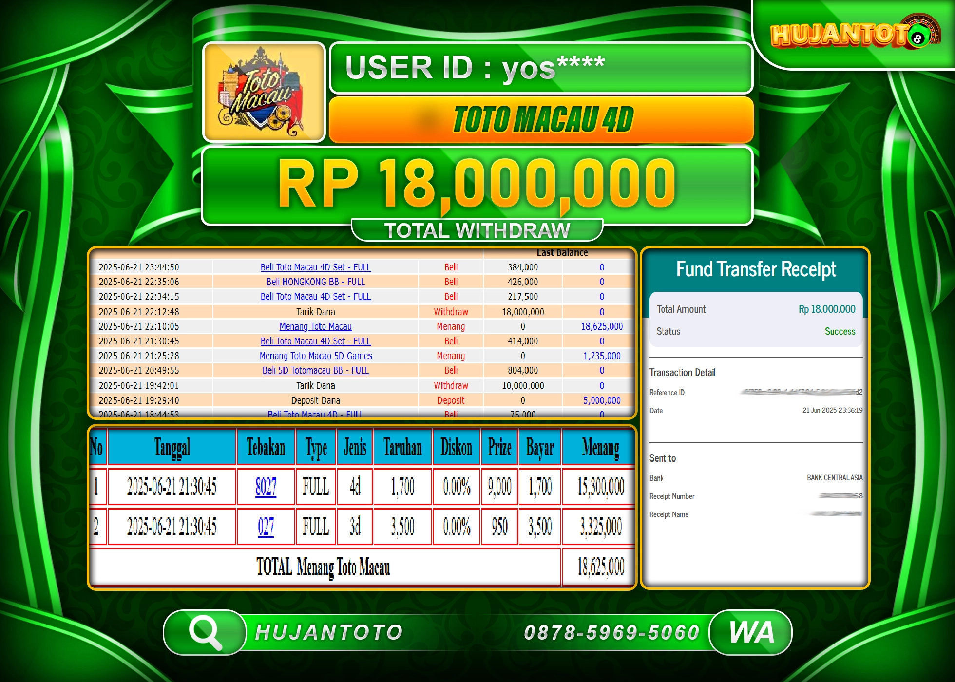 HUJANTOTO - BUKTI JACKPOT MENANG DI GAME TOGEL TOTO MACAU 4D Rp.18,000,000 - TERBAYAR LUNAS