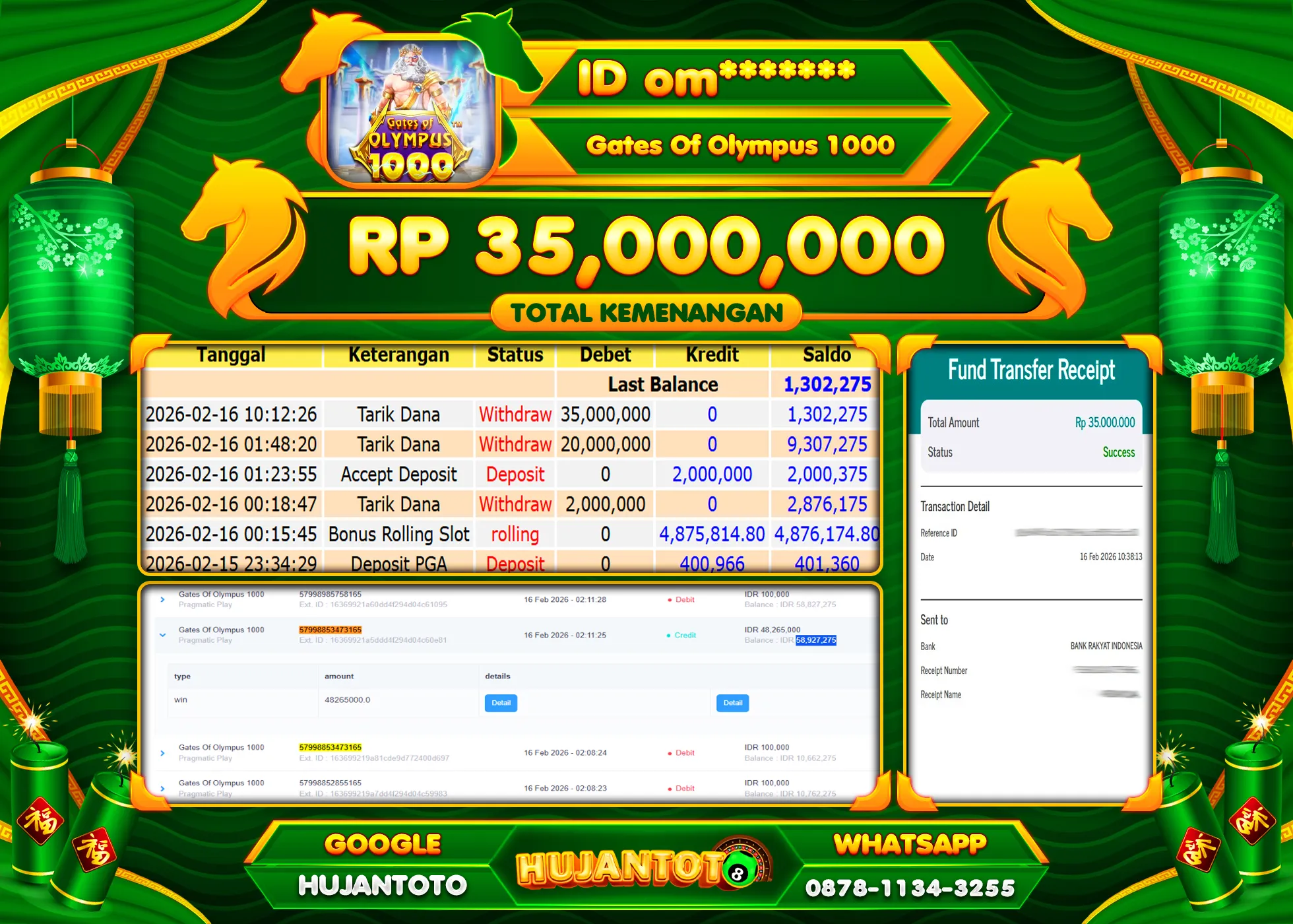 HUJANTOTO - BUKTI JACKPOT MENANG SLOT GATES OF OLYMPUS 1000 Rp.35,000,000 - TERBAYAR LUNAS