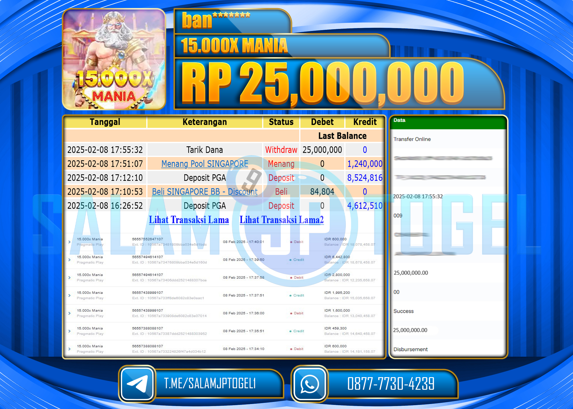 SALAMJPTOGEL MENANG 15.000X MANIA GAMES  Rp.25,000,000 LUNAS