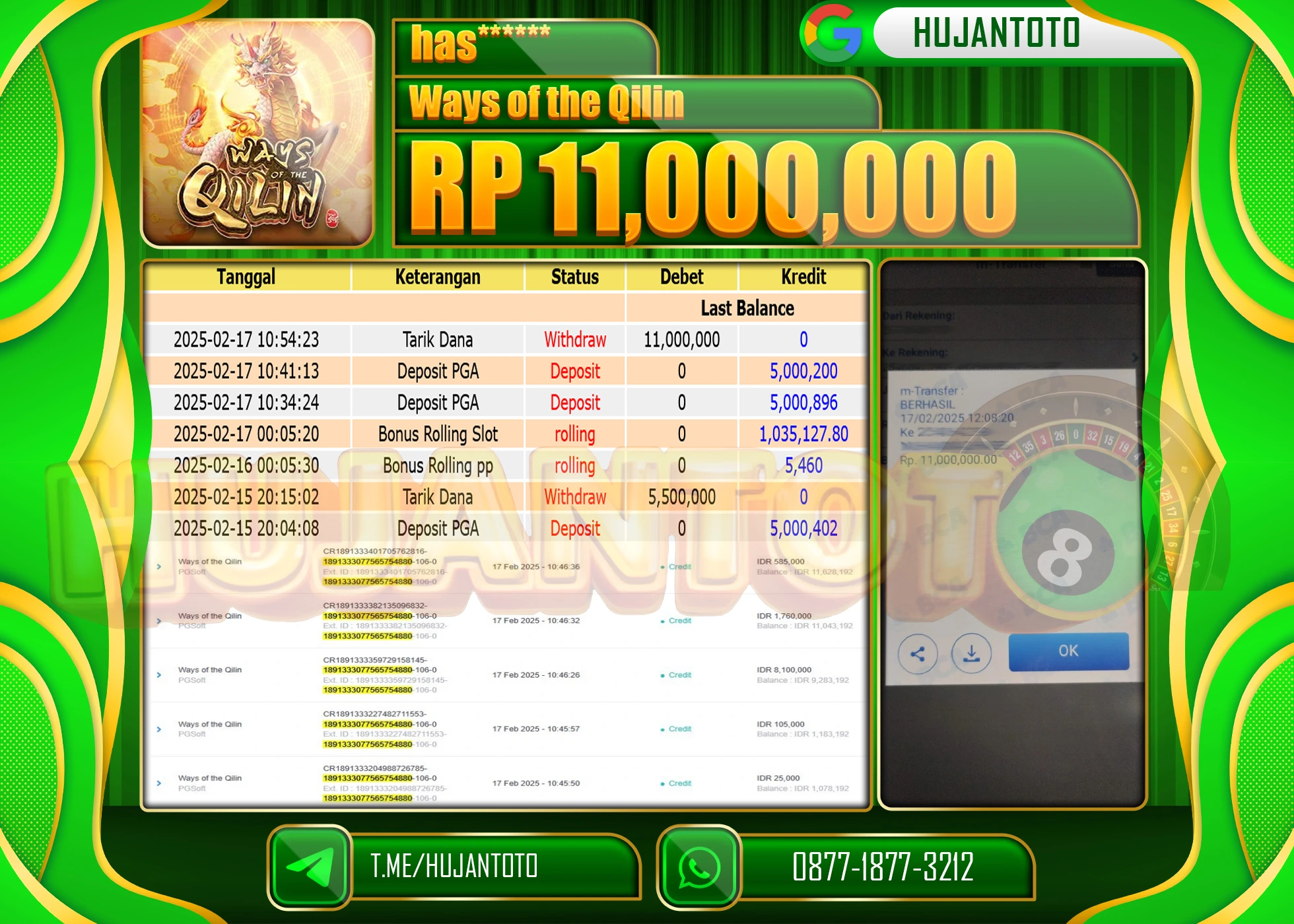 HUJANTOTO - BUKTI JACKPOT MENANG SLOT WAYS OF THE QILIN Rp,11,000,000  - TERBAYAR LUNAS