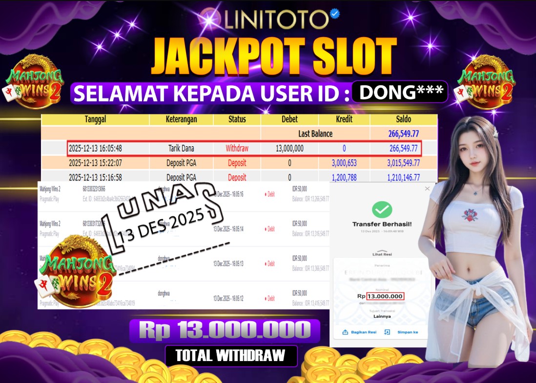 LINITOTO JACKPOT SLOT Mahjong Wins 2 Rp.13,000,000 - LUNAS