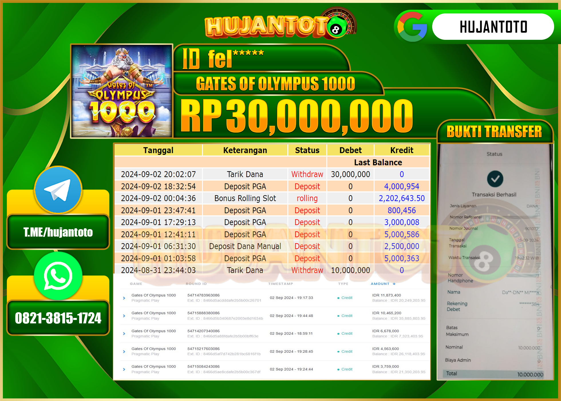 HUJANTOTO MENANG BESAR DI PERMAINAN GATES OF OLYMPUS 1000, 30,000.000 - LUNAS 