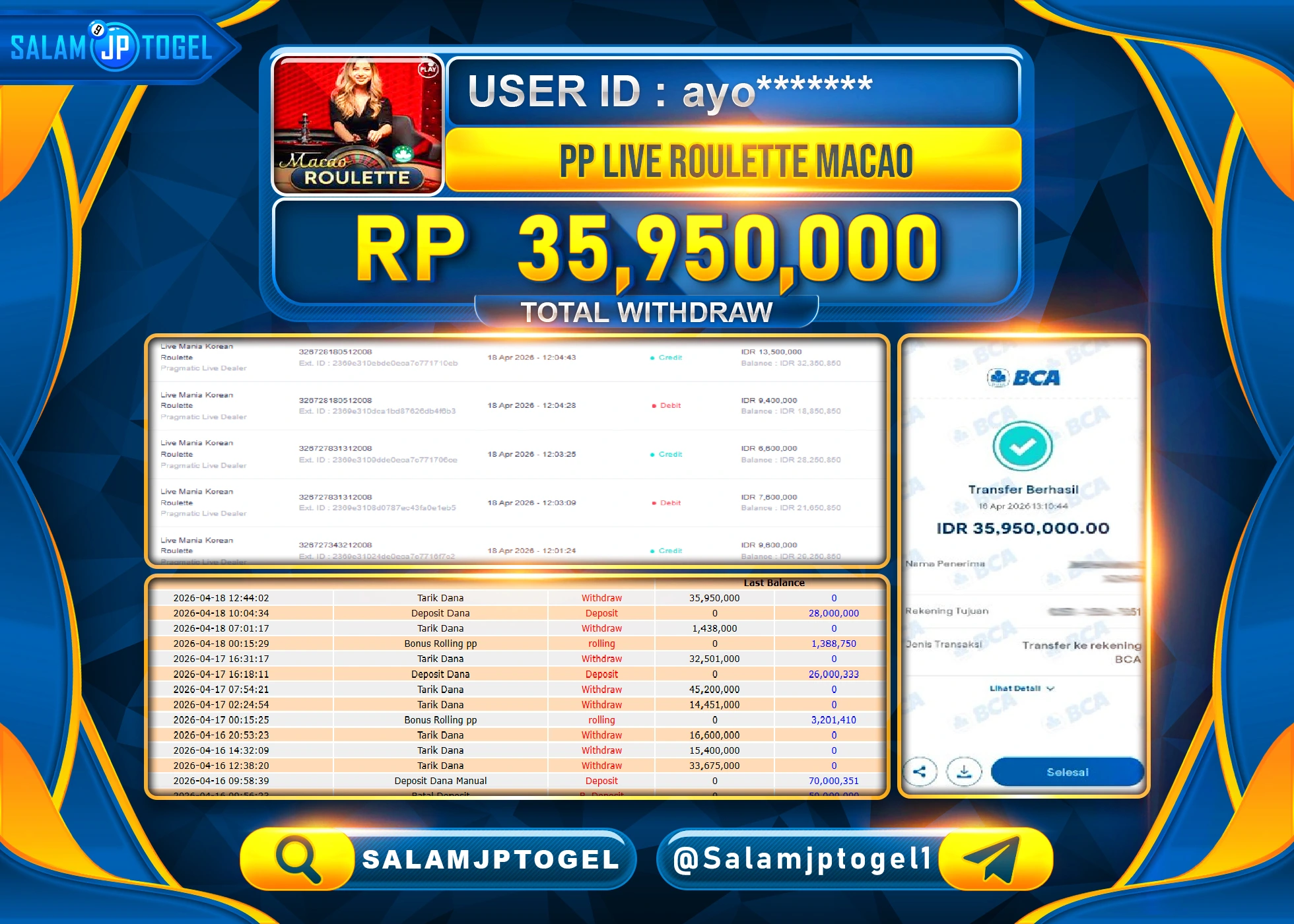 SALAMJPTOGEL JACKPOT PP Live Roulette Macao Pragmatic Live  Rp.35,950,000 - LUNAS