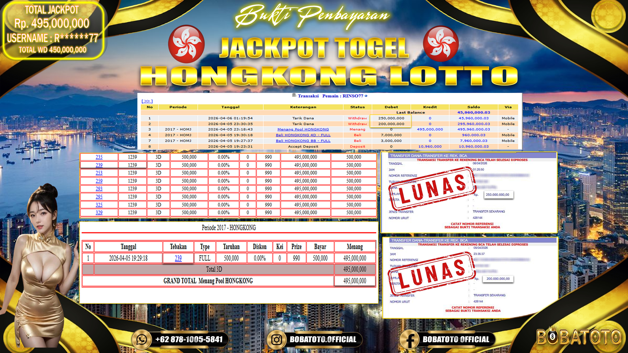 BOBATOTO JACKPOT TOGEL HONGKONG LOTTO Rp.495,000,000,- LUNAS!!