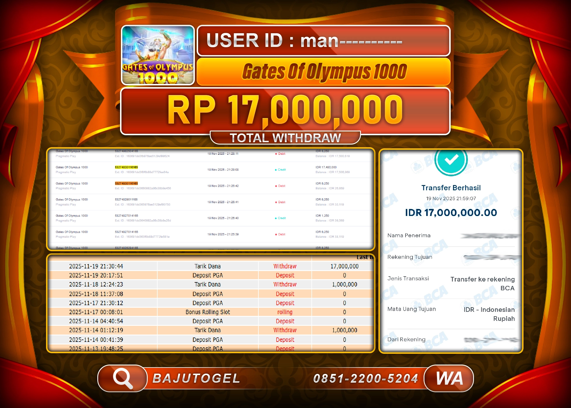 BAJUTOGEL KEMENANGAN GATES OF OLYMPUS 1000 Rp.17,000,000 LUNAS