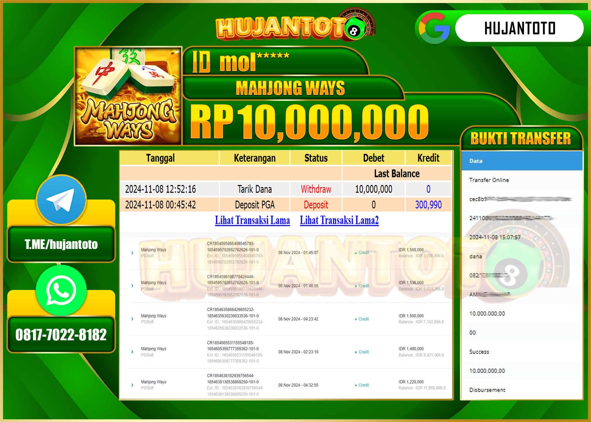 HUJANTOTO MENANG DI PERMAINAN  DI RAIH SLOT MAHJONG WAYS (PG SOFT)- 10,000,000  - LUNAS