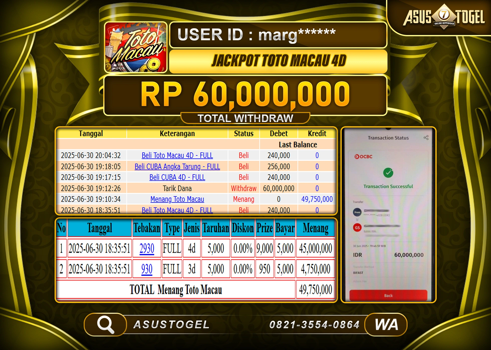 ASUSTOGEL KEMENANGAN DI TOGEL TOTO MACAU 4D SEBESAR 60,000,000- RUPIAH LUNAS