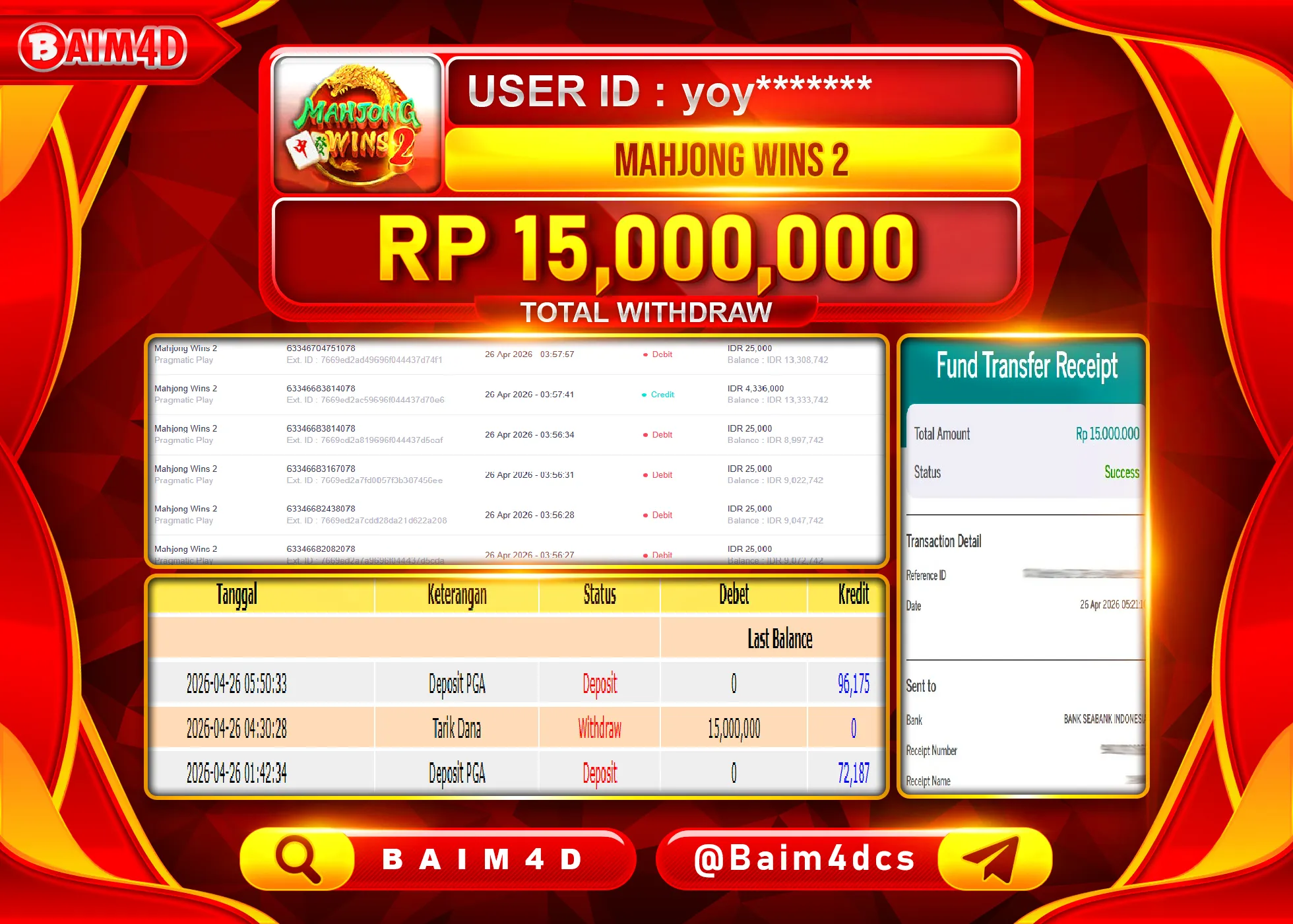 BAIM4D JACKPOT  SLOT MAHJONG WINS 2 Rp.15,000,000 - LUNAS