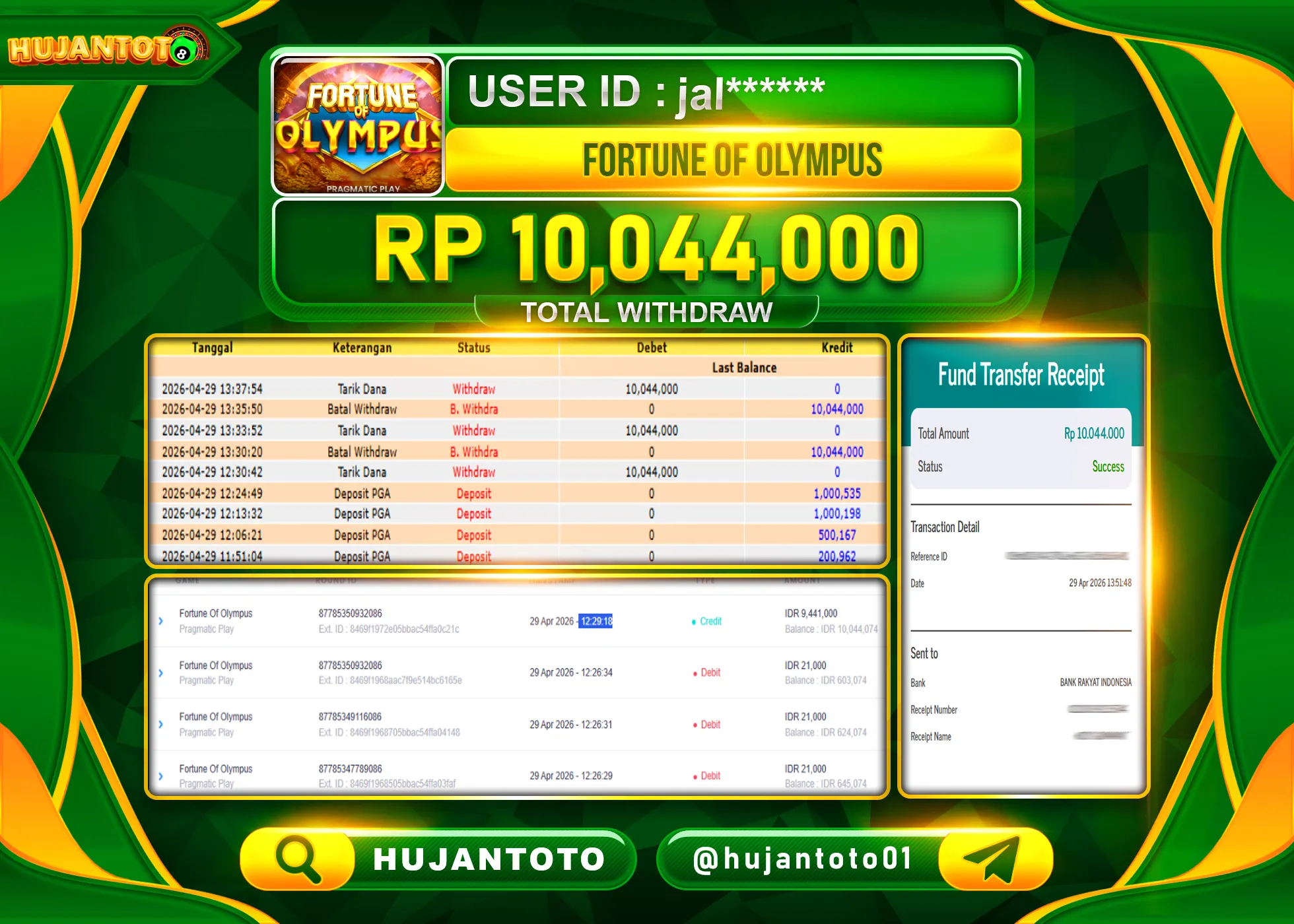 HUJANTOTO - BUKTI JACKPOT MENANG SLOT FORTUNE OF OLYMPUS Rp.10,044,000 - TERBAYAR LUNAS