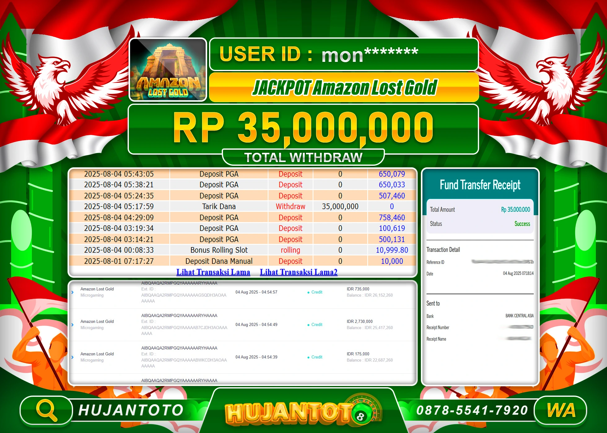 HUJANTOTO - BUKTI JACKPOT MENANG SLOT AMAZON LOST GOLD Rp.35,000,000 - TERBAYAR LUNAS