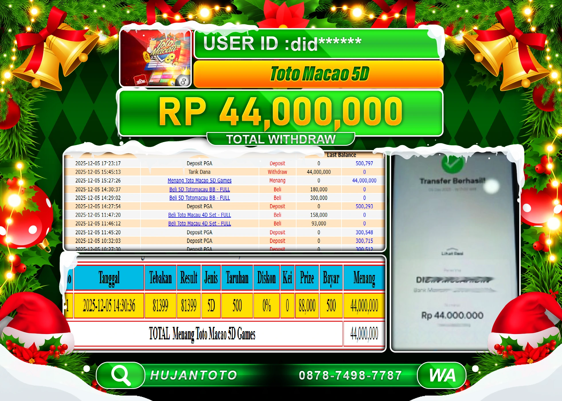 HUJANTOTO - BUKTI JACKPOT MENANG TOGEL TOTO MACAU 5D Rp.44,000,000 - TERBAYAR LUNAS