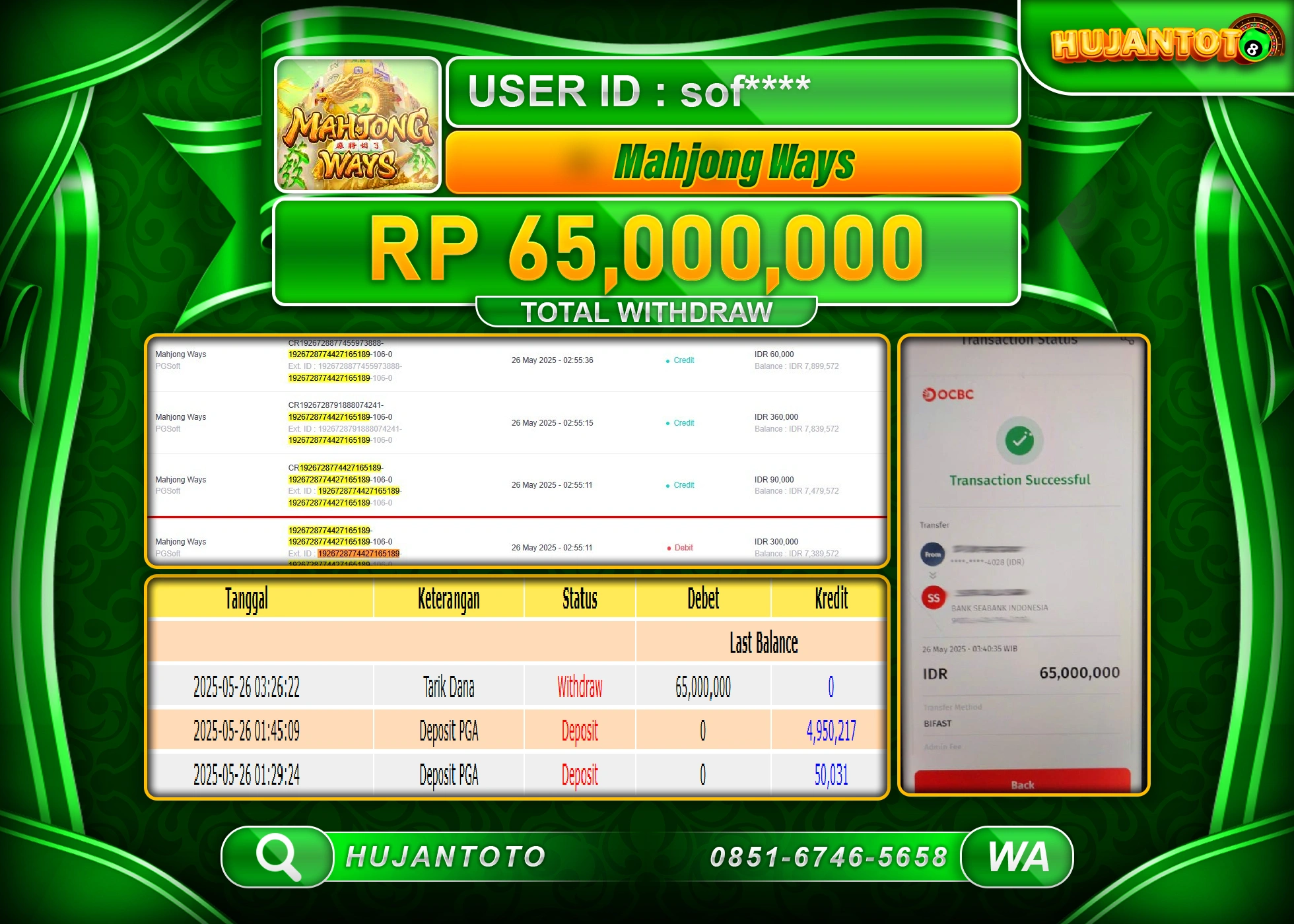 HUJANTOTO - BUKTI JACKPOT MENANG SLOT MAHJONG WAYS PG SOFT Rp.65,000,000 - TERBAYAR LUNAS