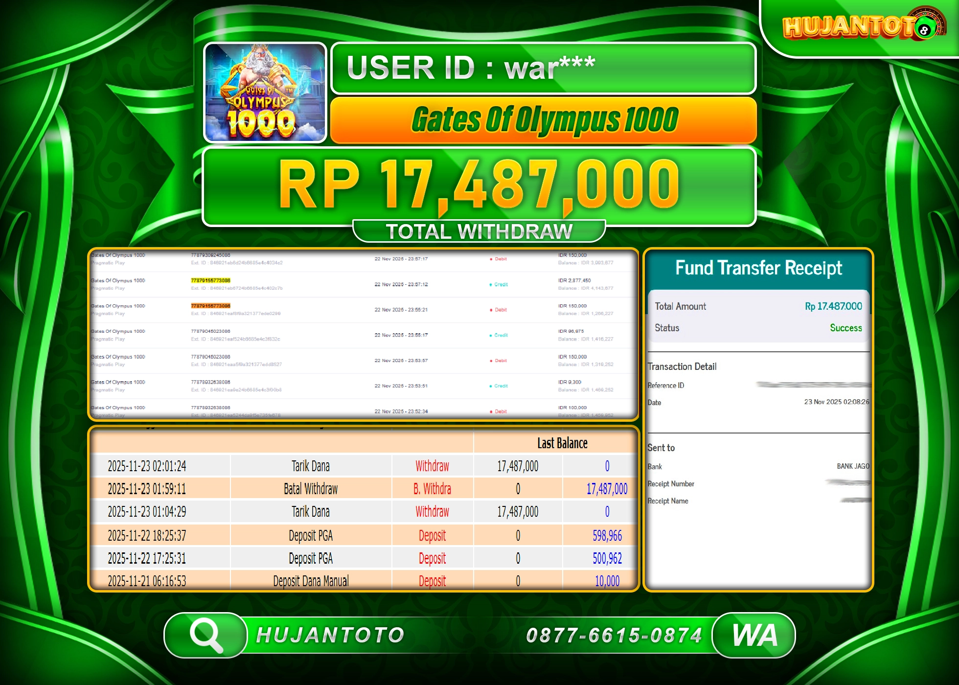 HUJANTOTO - BUKTI JACKPOT MENANG SLOT GATES OF OLYMPUS 1000 Rp.17,487,000 - TERBAYAR LUNAS