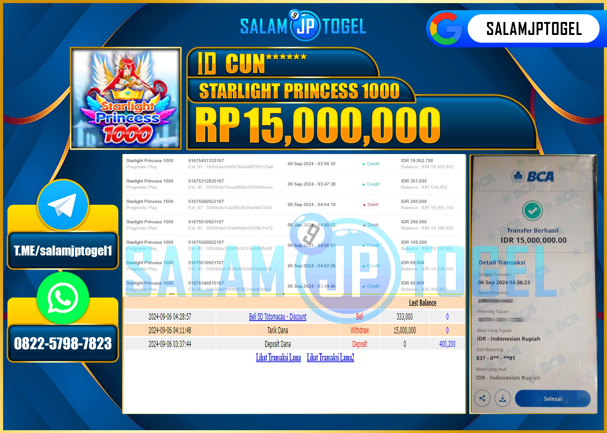 SALAMJPTOGEL MENANG SLOT STARLIGHT PRINCESS 1000 RP. 15,000,000 LUNAS