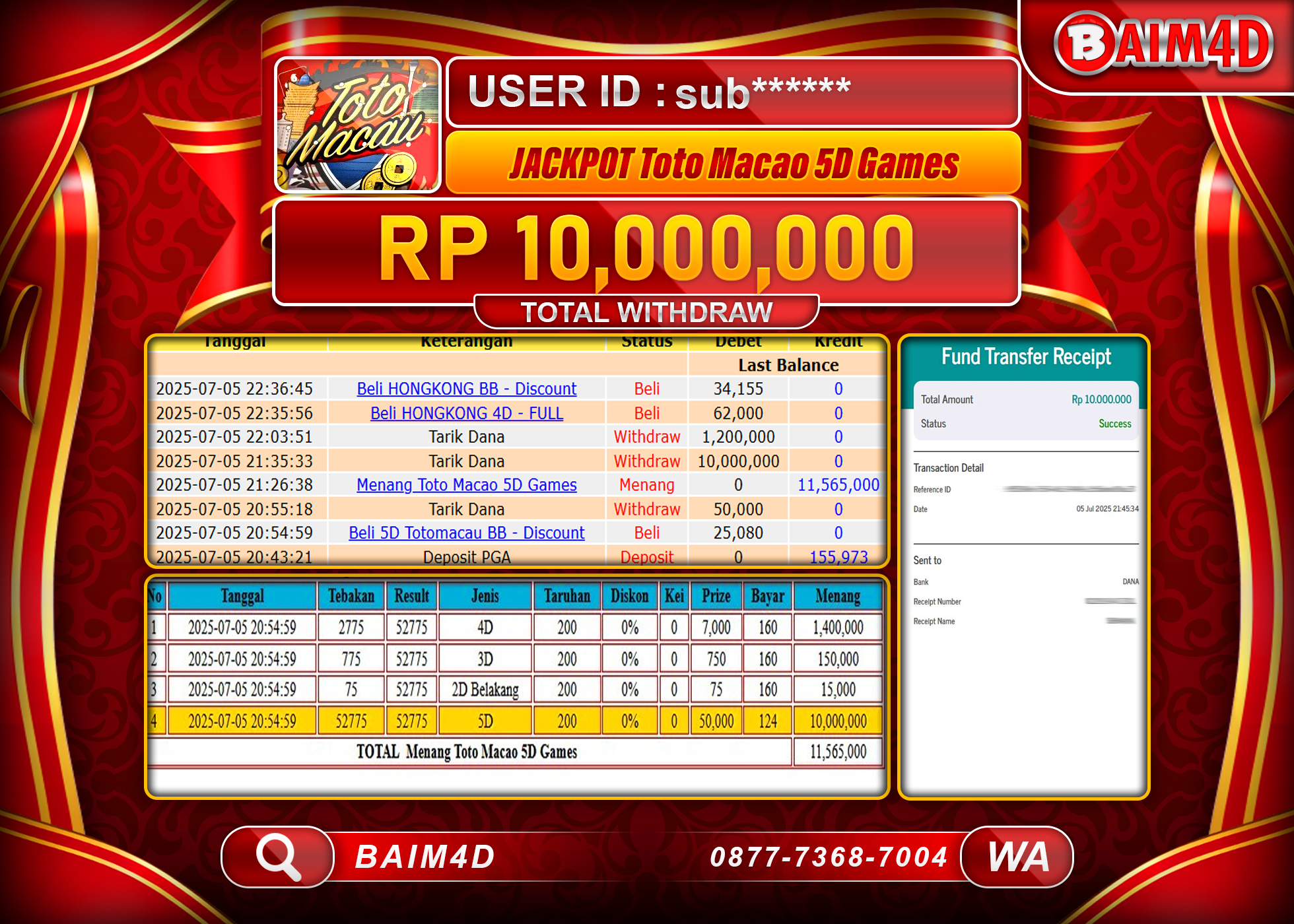 BAIM4D JACKPOT TOGEL TOTO MACAU 5D GAMES  Rp.10,000,000.- LUNAS