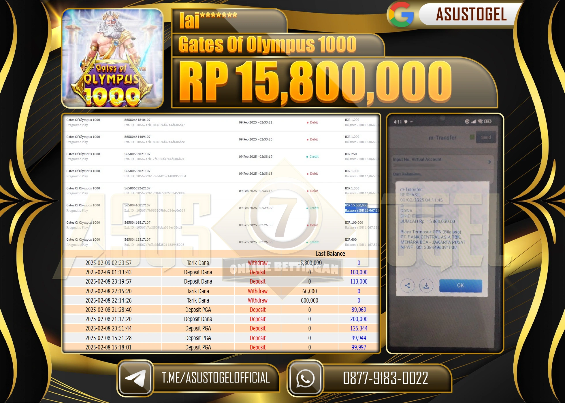 ASUSTOGEL KEMENANGAN DI GATES OF OLYMPUS 1000 SEBESAR 15,800,000 - RUPIAH LUNAS